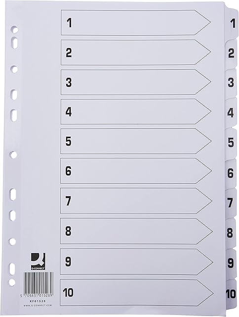 Q-Connect KF01528 A4 Index 1-10 Reinforced Tabbed Multi Punched Board - White/Clear