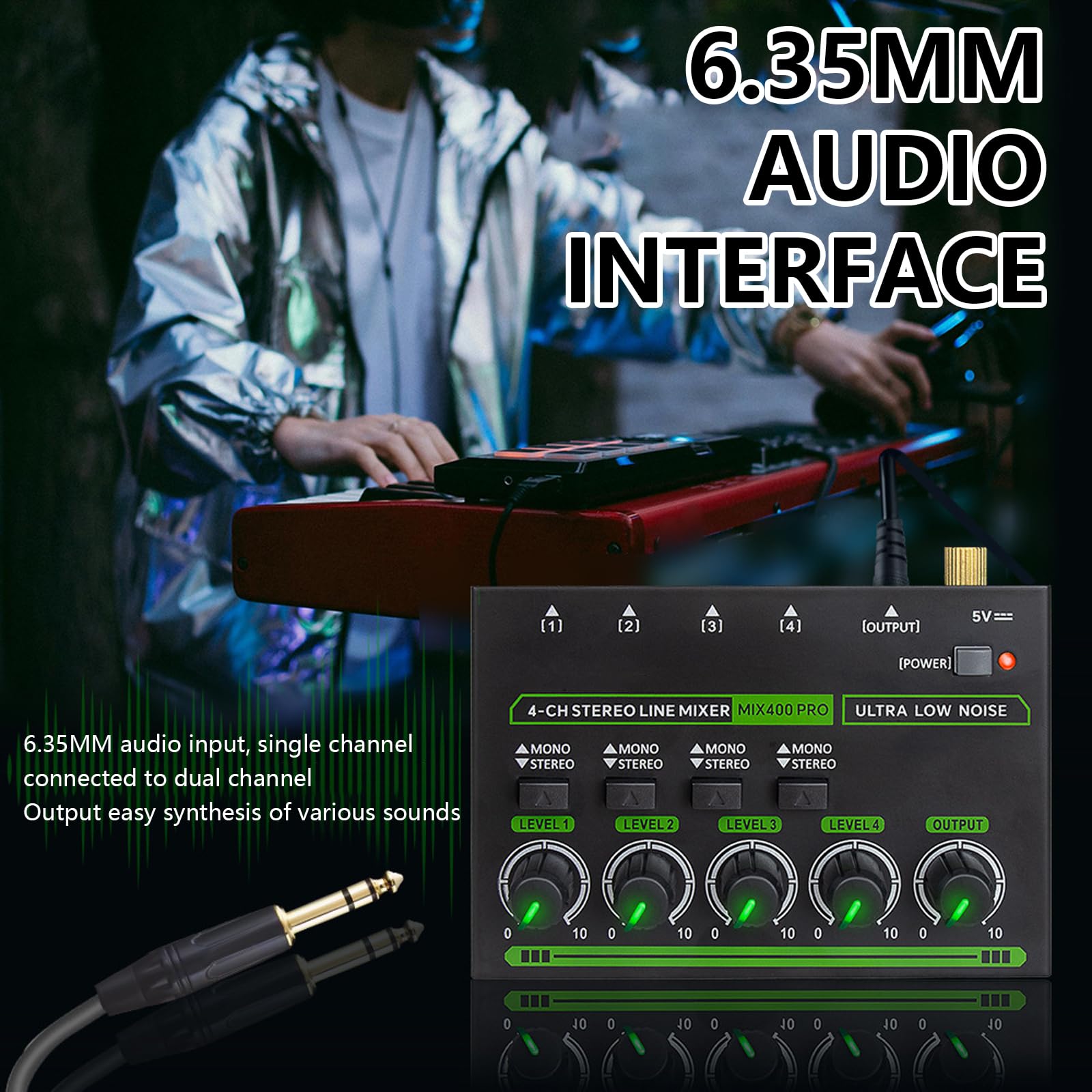 4 Kanal Stereo Audio Mixer, Mischpult 4 Kanäle 6,35mm Audiomischer mit 4 Eingänge und 1 Ausgang Type-C Aufladen Audiomixer für Bandauftritte Bühnenauftritte Instrumentenübungen Musikaufnahmen