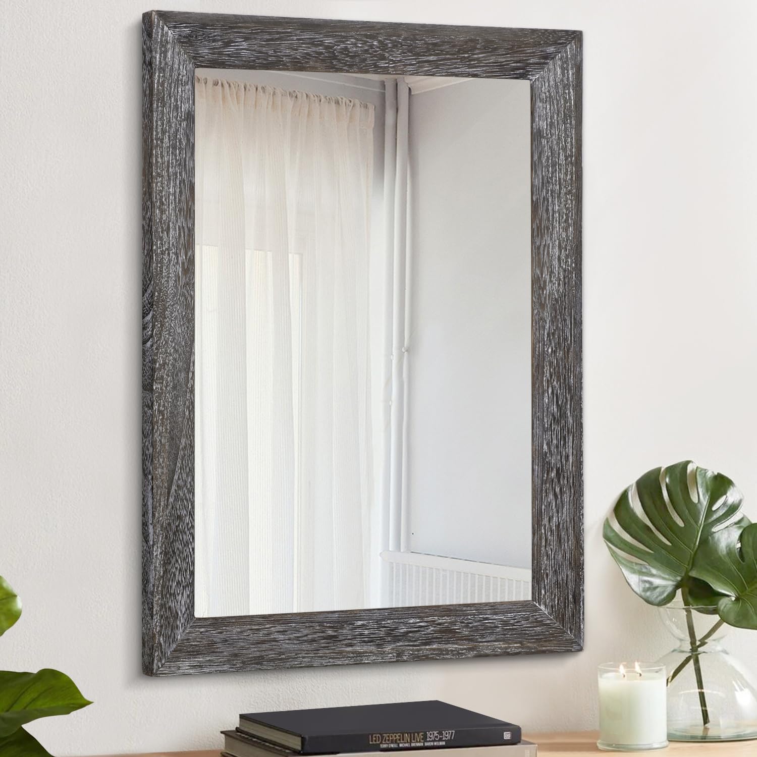 Aazzkang Dark Gray Wall Mirror With Wood Frame - Rectangle Rustic Decorative Farmhouse Mirror For Bedroom, Bathroom - Hanging Wall Decor
