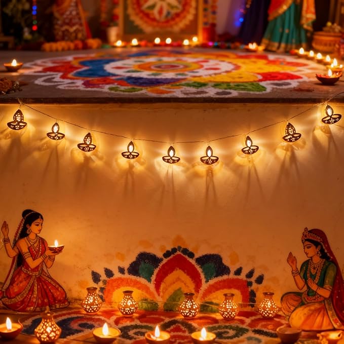 KYMY Diwali String Lights, 10ft 20 LED Battery Operated Deepavali Rangoli Curtain Warm Lights