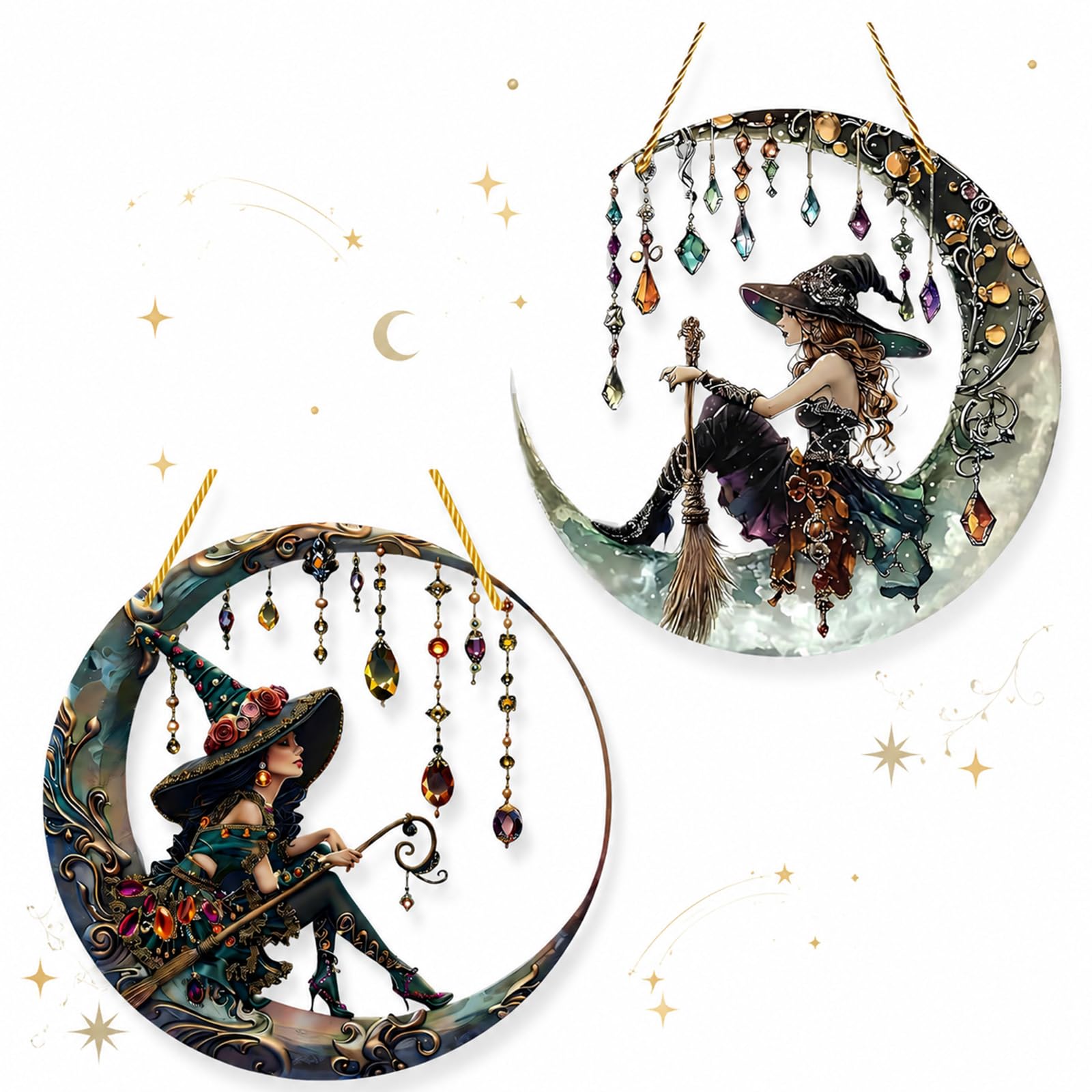 2 Pcs Witch Sun Catchers for Windows, Gothic Home Decor, Window Hanging Decoration, Moon & Witch Ornaments, for Home Wall Art (15 * 15cm)