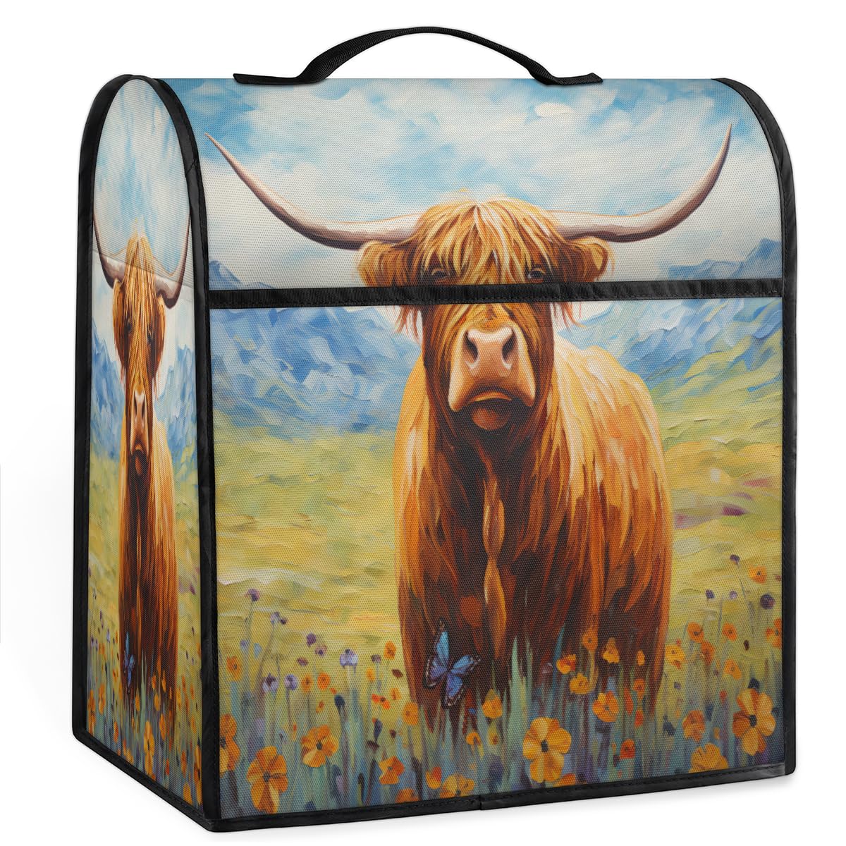 Coffee Maker Cover Highland Cow Flower Pattern Kitchen Appliance Covers Small Appliance Covers Blender Cover Juicer Cover Dust Covers for Kitchen Appliances with Top Handle and Pockets,Washable,C952