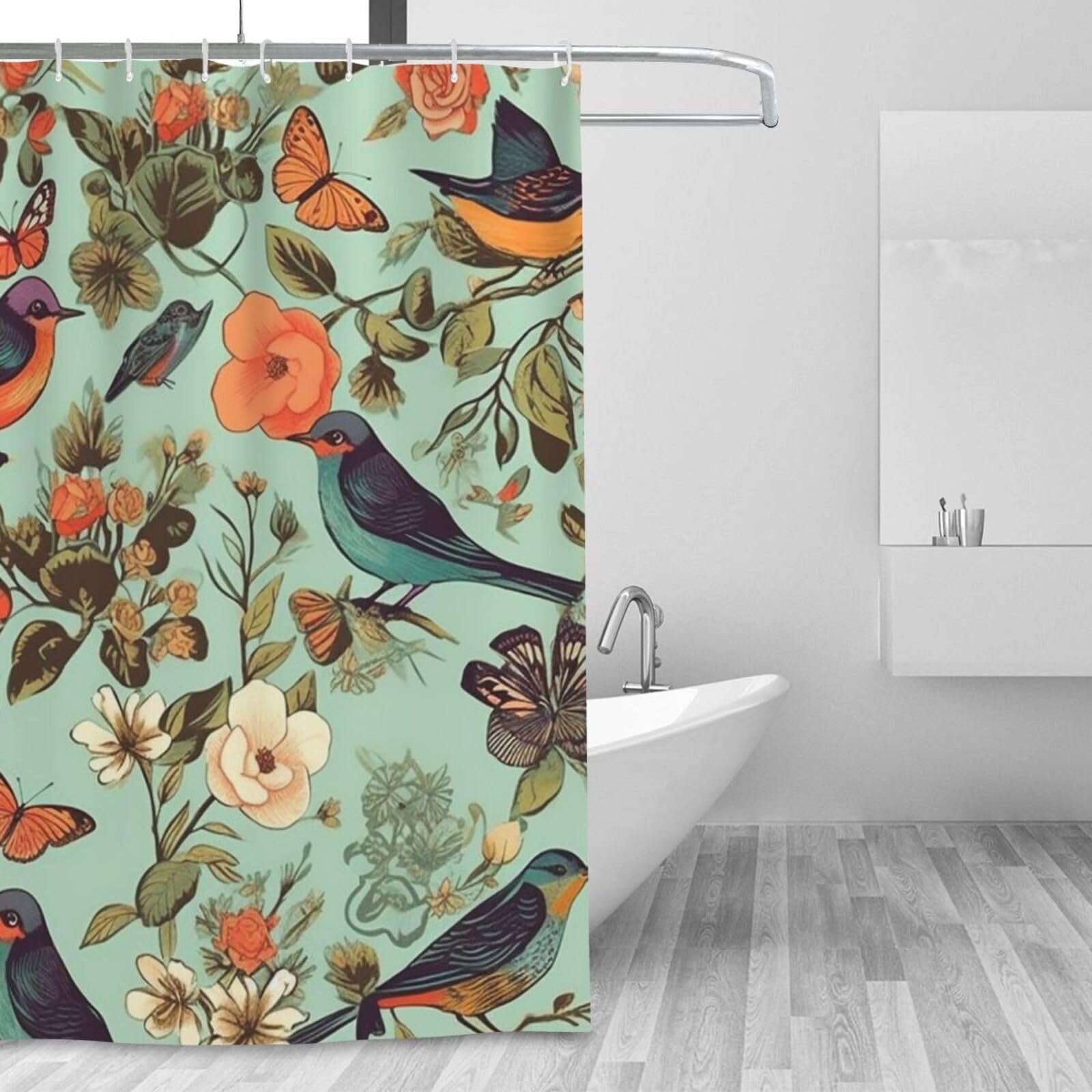 Rideau de douche moderne motif oiseau hivernal 183x183 cm pour salle de bain