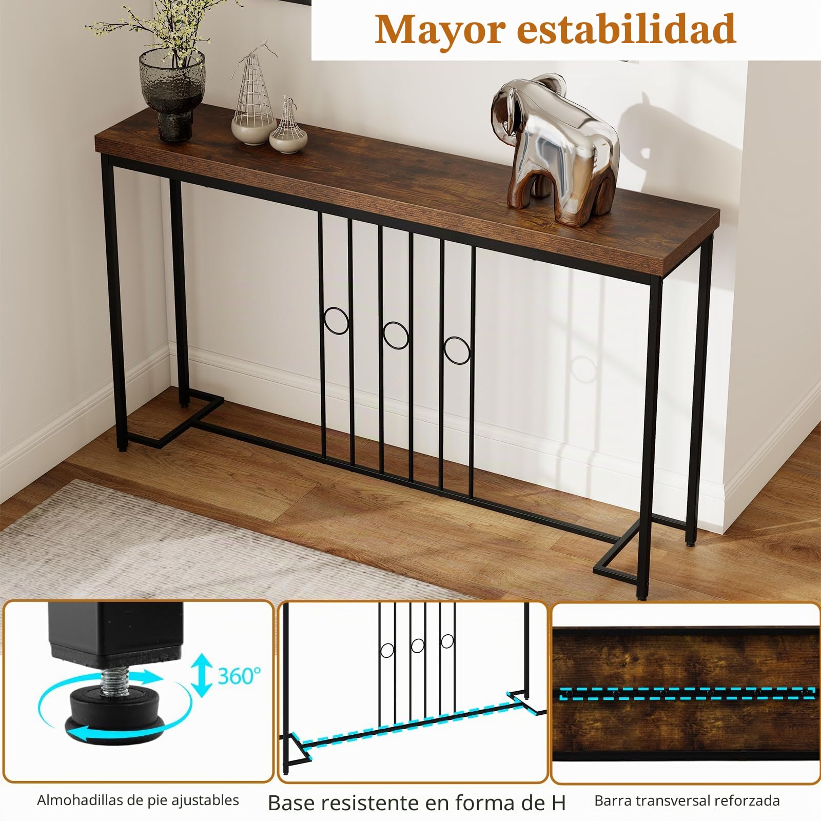 LIFEZEAL Consola para Entrada, 140 x 30 x 81 cm, Mesa Consola Industrial Larga, Salvapacio de Madera y Metal con Decoración de Líneas y Anillos, Consola Detrás del Sofá, Entrada y Pasillo, Marrón