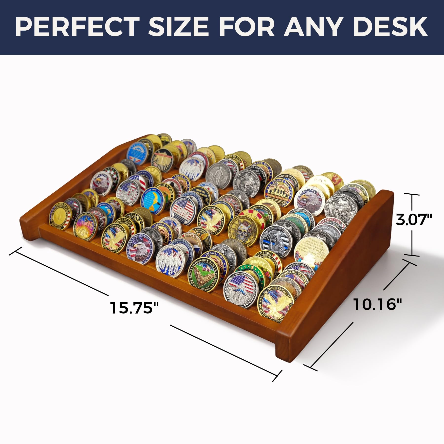 Military Challenge - Soporte para monedas (12 filas de madera, capacidad para 100 monedas, escalera de 3 niveles, soporte para monedas, soporte para coleccionistas (acabado nogal)