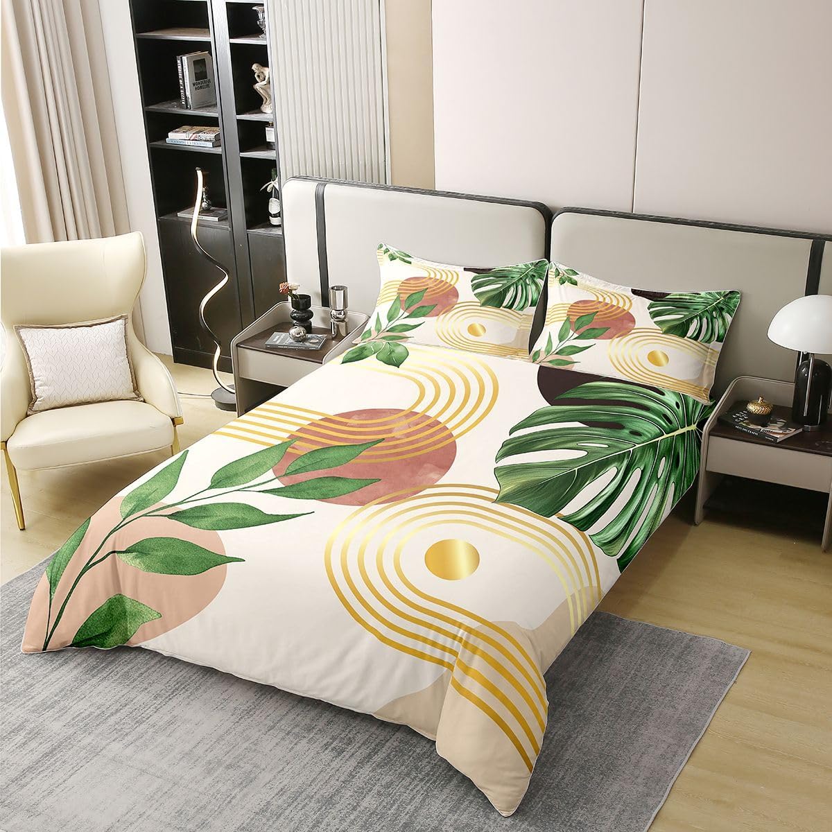 Erosebridal Palm Leaves 100% Natural Cotton Duvet Cover Queen Size Tropical Botanical Plants Comforter Cover for Kids Teens Golden Geometric Stripes Bedding Set Decor Nature Summer Theme Bed Set - Image 2