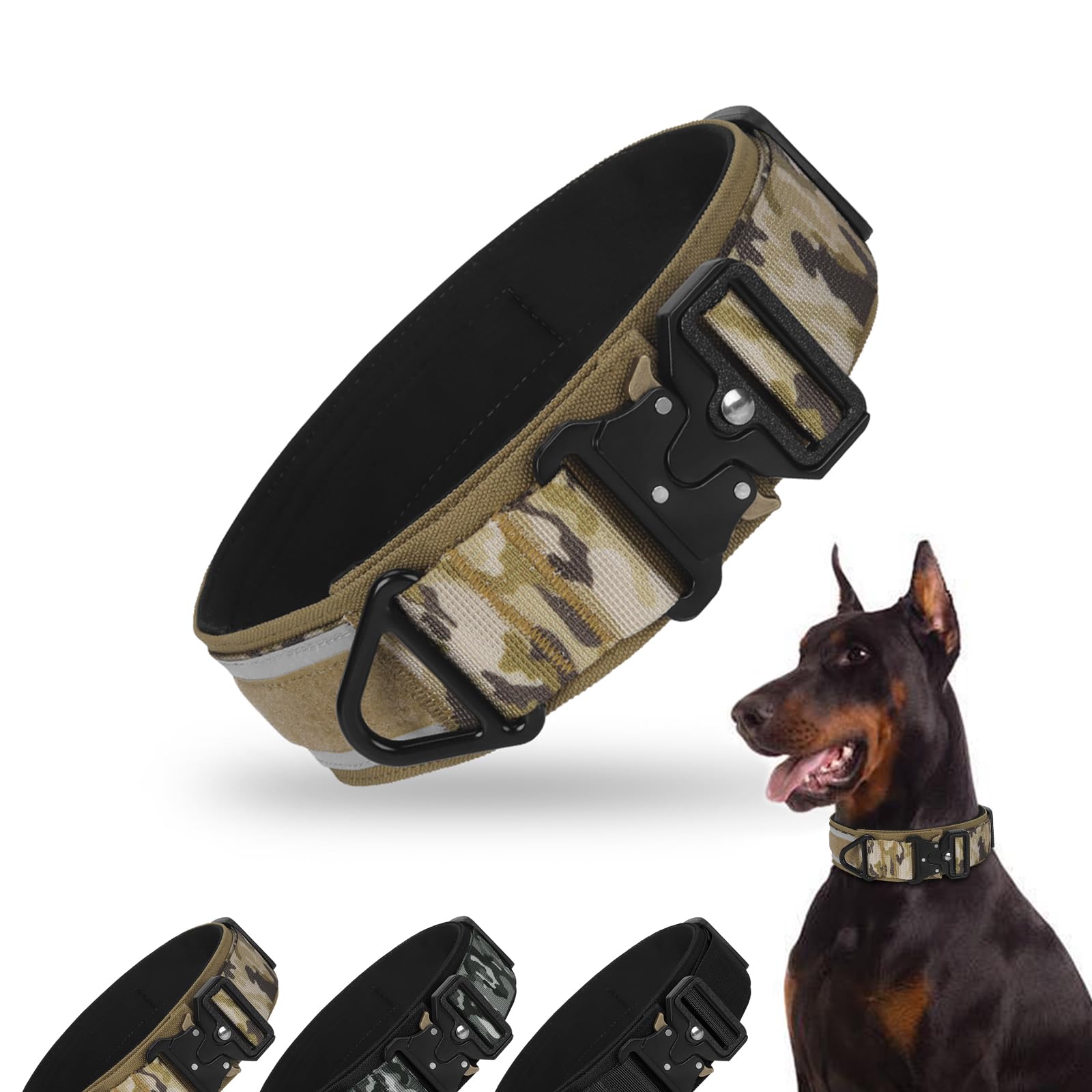 FEimaX Collar Táctico para Perro Mediano y Grande Acolchado con Hebilla de Metal Liberación Rápida y 5cm Ancho Ajustable Transpirable Resistente Collar para Perros con Reflectante