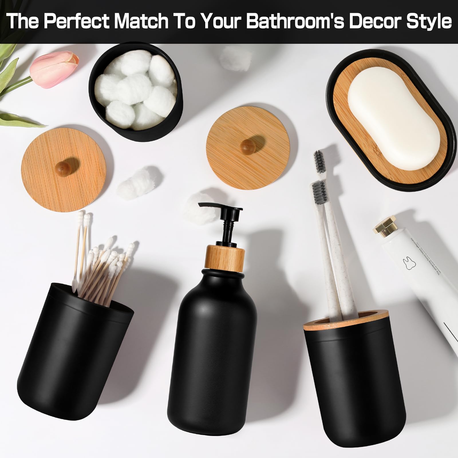 Juego de accesorios de baño negros de 5 piezas, accesorios de baño negro mate, dispensador de jabón de plástico y soporte para cepillos de dientes, jabonera, tarro de hisopo de algodón, juego de baño