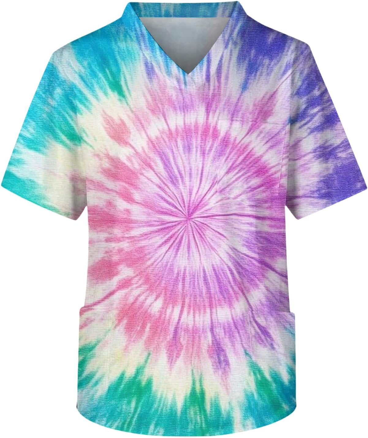 Men's Scrubs Top Tie Dye Print Short Sleeve Athletic Fit Work Uniform Scrub Shirt with Pockets