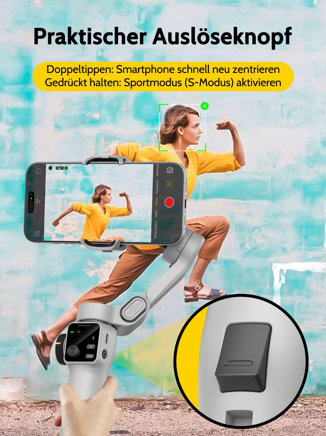 AOCHUAN Smartphone-Gimbal für Videoaufnahmen mit AI-Tracking, 3-Achsen-Vlogging-Gimbal-Stabilisator für iPhone 16/15 mit OLED-Display mit 7,8-Zoll-Verlängerungsstange, Auslösetaste Smart V8 (Weiß)