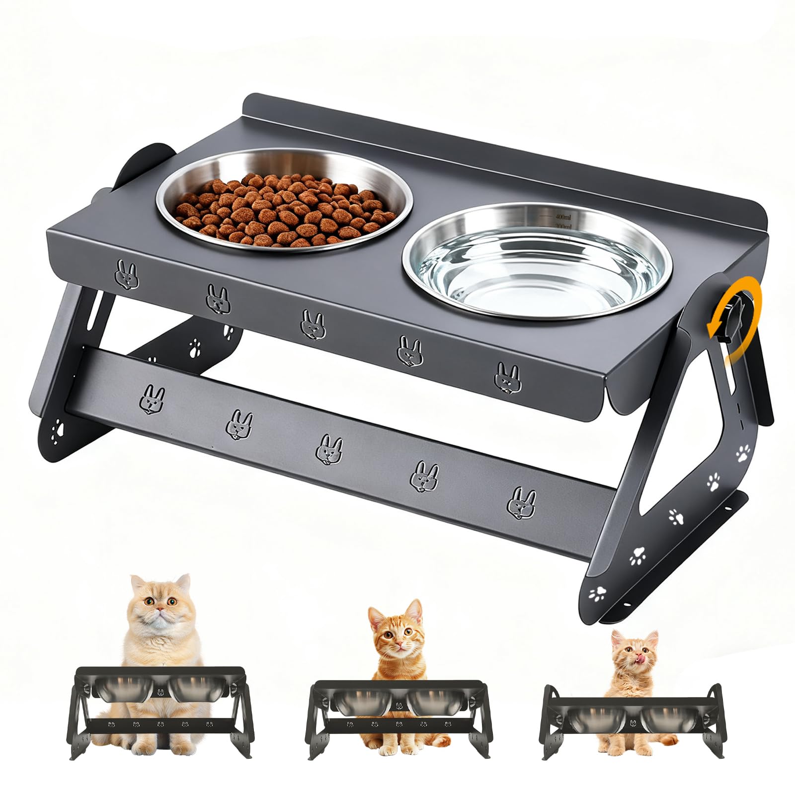 Raised Cat Bowls, Stainless Steel Cat Bowl, Water Bowl Cat Bowls Adjustable Angle from 0 to 15 Degrees, Height Adjustable from 8.5 to 16 cm