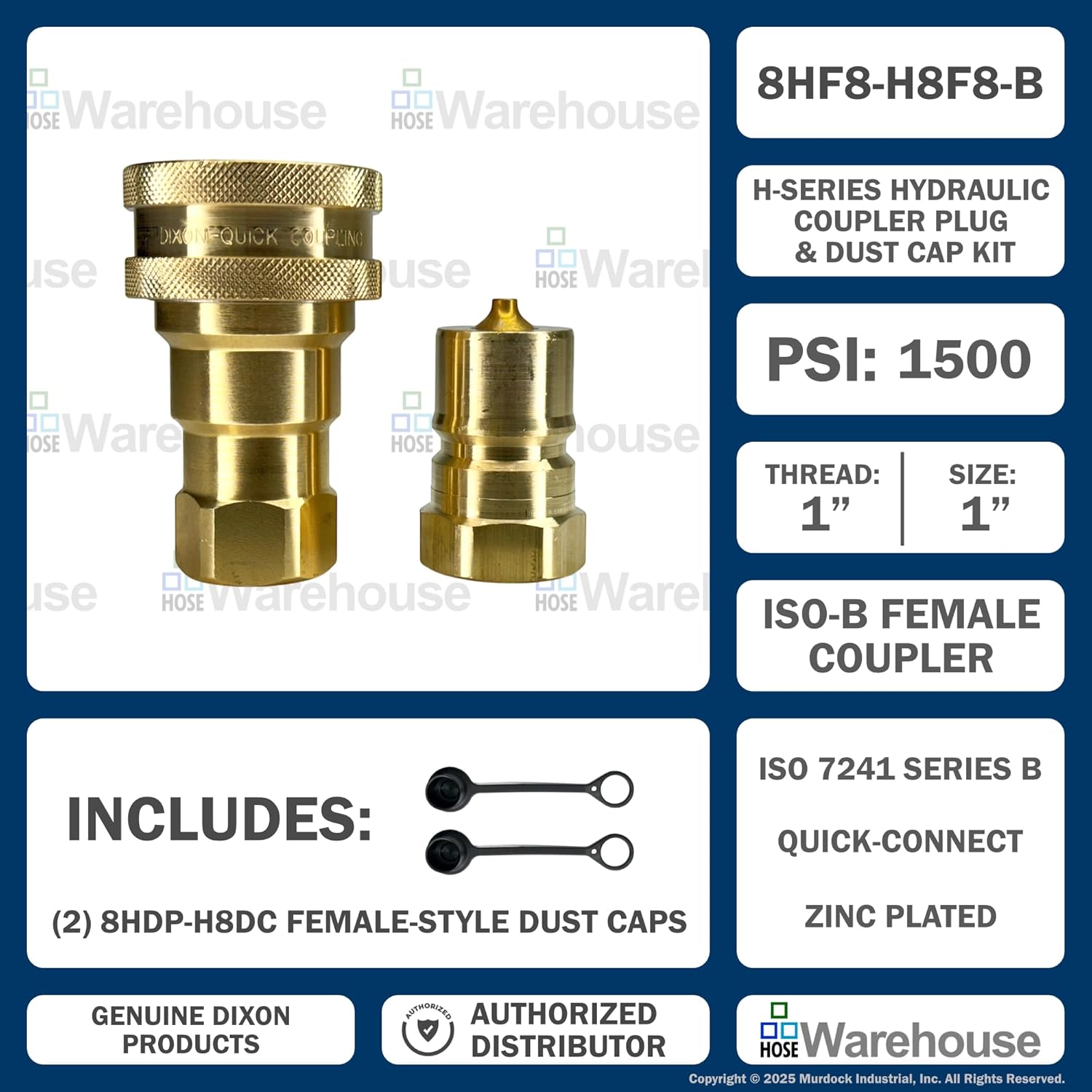 Genuine Dixon H-Series 1" ISO-B Hydraulic Quick Disconnect Kit - (1ct.) 8HF8-B | (1ct.) H8F8-B | (2ct.) 8HDP-H8DC – Brass | Female NPTF QDC | 3000 PSI Working Pressure (1" x 1" FNPTF)