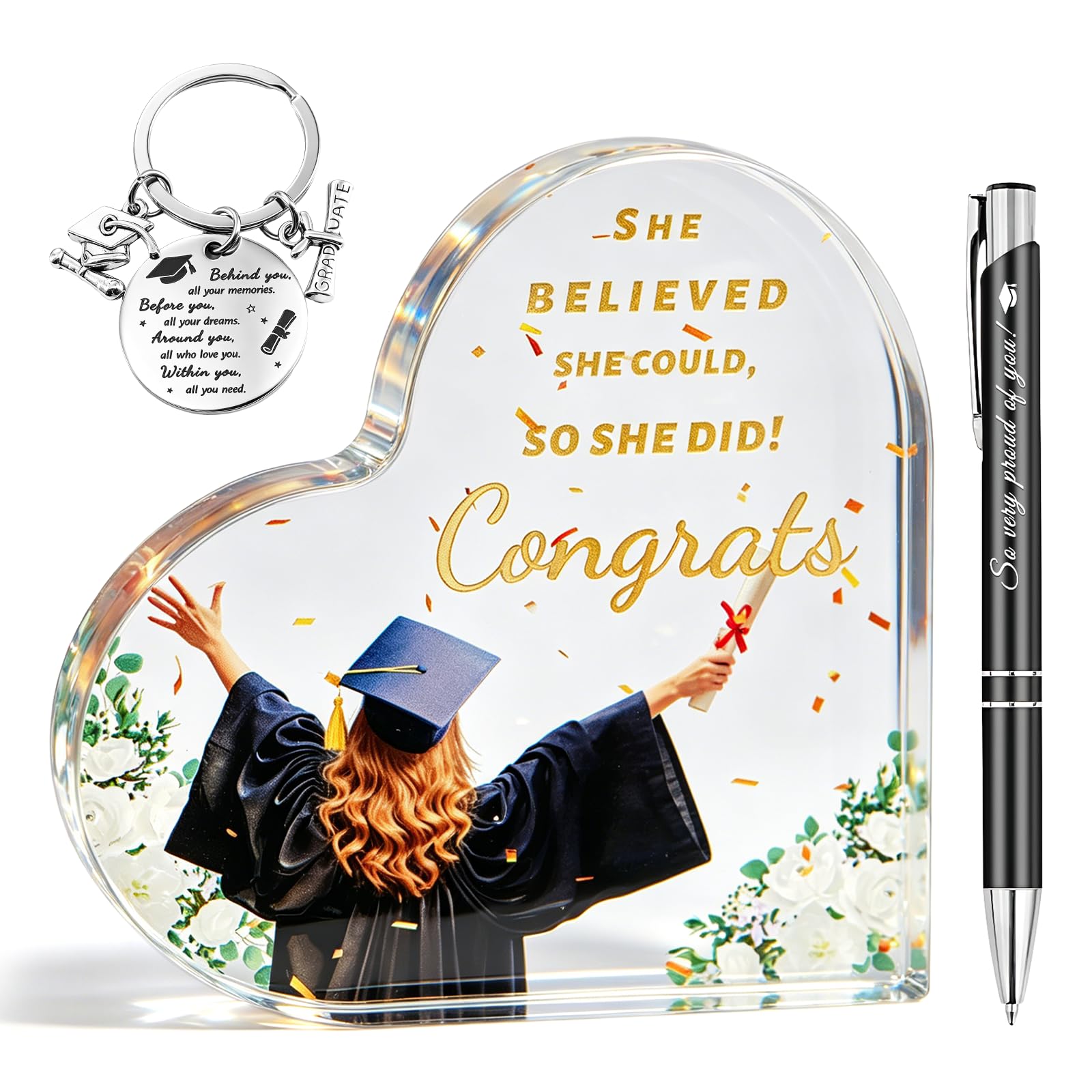 ZOCONE Gifts for Graduation for Her Acrylic Heart Plaque with Pen Keychain for Congratulations on Your Graduation Heart Shaped Acrylic Plaque for Daughter Granddaughter Inspirational Proverbs