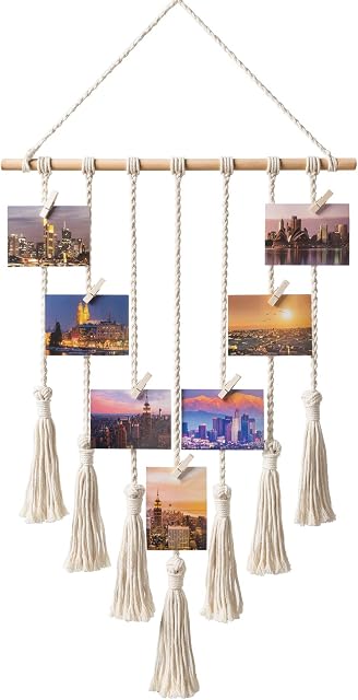 Mkouo Hanging Photo Display Macrame Clip Photo Holders Wall Hanging Pictures Organizer Boho Home Decor, with 25 Wooden Clips