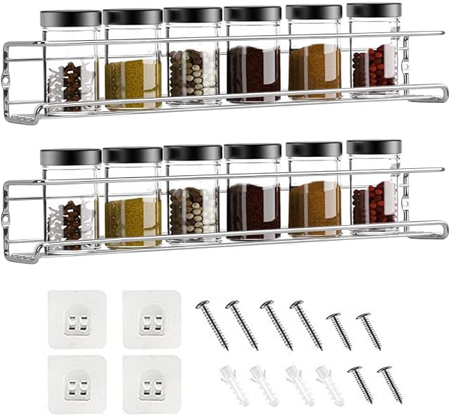 Skycase Spice Racks Organizers, 2 Tier Wall Mounted Spice Rack Hanging Spice Organizers for Space Saving Kitchen Inside Wall cupboard Spice Jars and Condiments Storage, Silver