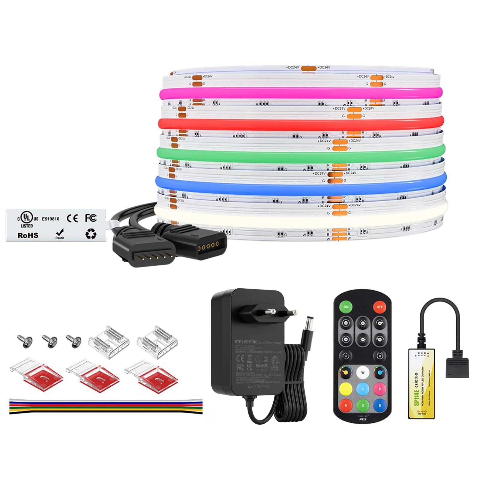BTF-LIGHTING FCOB COB Tira LED RGBW Kit Completo RGB+Blanco Frío 6000K Cambio de Color 24V 5m 896 LEDs/m Alta Densidad Cinta LED Flexible con Controlador RF y Fuente de Alimentación para Dormitorio