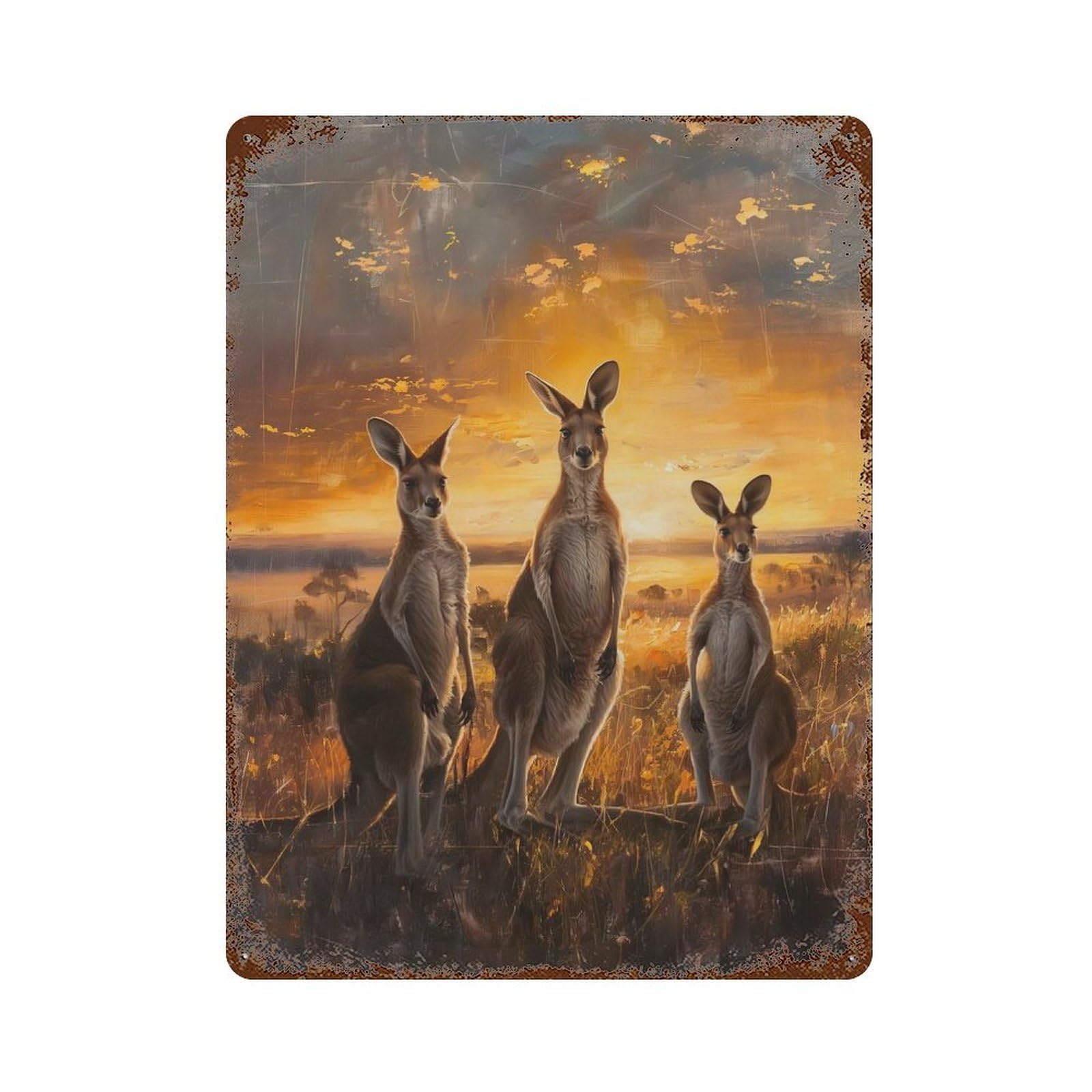 Rustic Tin Plaque Kangaroos Sunset Painting 15.7"x11.8", Retro Wall Decor for Shed, Workshop And Garage Wall Decor