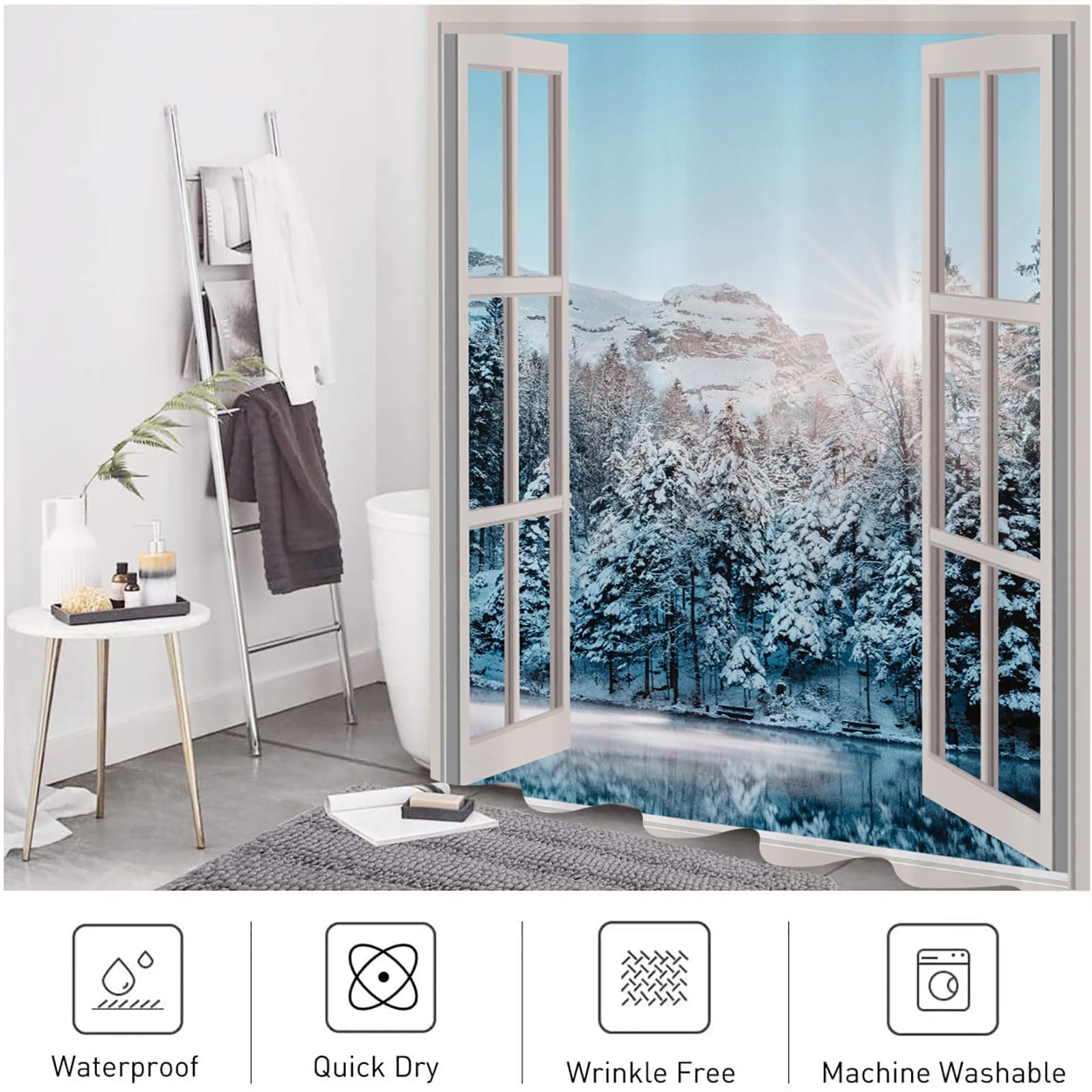 JOOCAR White Nature Shower Curtain Snow Mountain Ice Lake Secnery Shower Curtains Bathroom Decor Polyester Fabric Waterproof Shower Curtain Set including 12 Hooks - Image 4