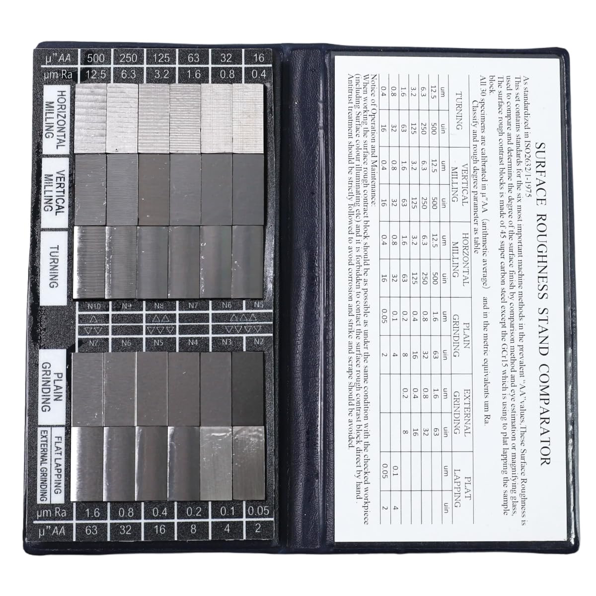 Surface Finish Comparator Set, Ra 0.05-12.5μm with 30 Samples, Professional Tactile & Visual Roughness Comparison Tool for Quality Control in Machining, Grinding, Milling Processes
