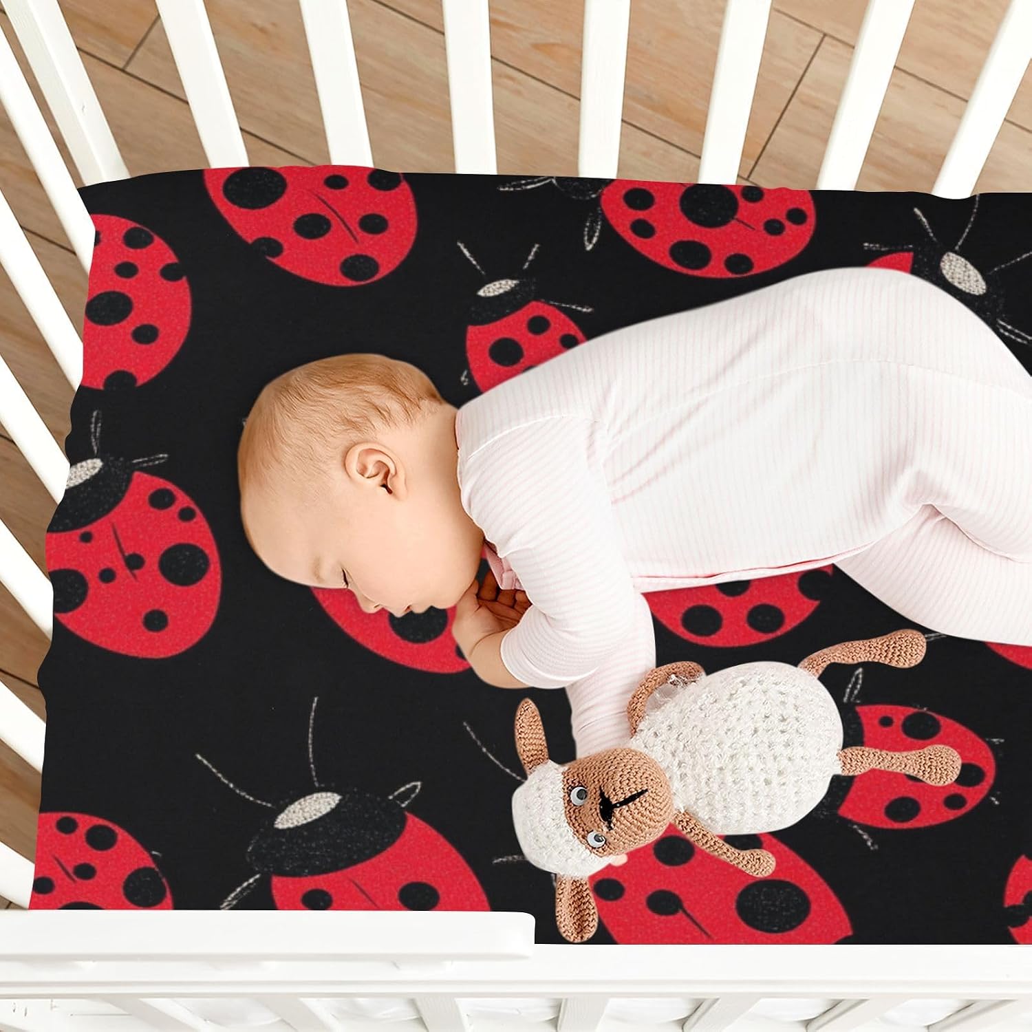 Red Ladybugs Black Fitted Crib Sheets Stretchy Portable Playard Sheets for Baby Toddler, Breathable Soft Mini Crib Mattress 52 x 28 in for Boys and Girls