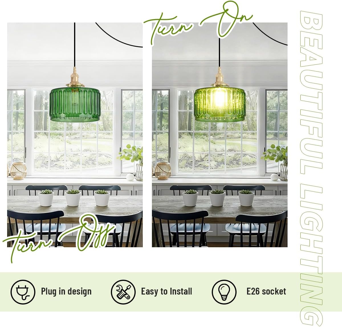 Plug in Pendant Light Green Glass Pendant Lamp Striped Glass Shade Vintage Plug in Ceiling Hanging Lamp 1-Light with Plug in Cord Swag Ceiling Light for Kitchen Island Living Room