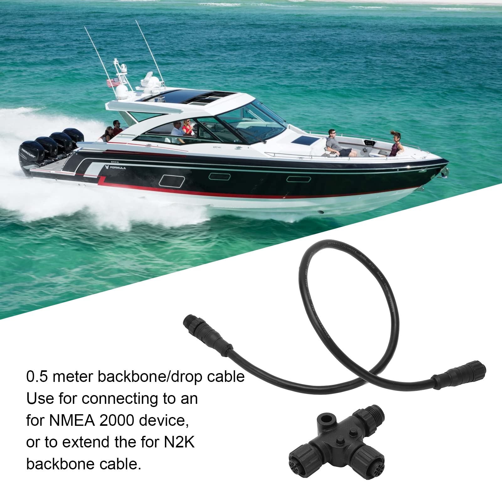 Cable de Bajada NMEA 2000, Cable de Bajada M12 de 0,5 M y 5 Pines con Conector en T, Cable de Extensión de Red NMEA 2000 para Redes Lowrance Networks Simrad