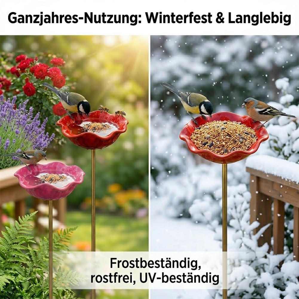 Bienentränke Keramik Blume & Vogeltränke Stehend - Gartendeko für Draußen Wetterfest, Insektentränke Garten für Wildvögel, Bienen & Schmetterlinge (Sechsteiliges Set)