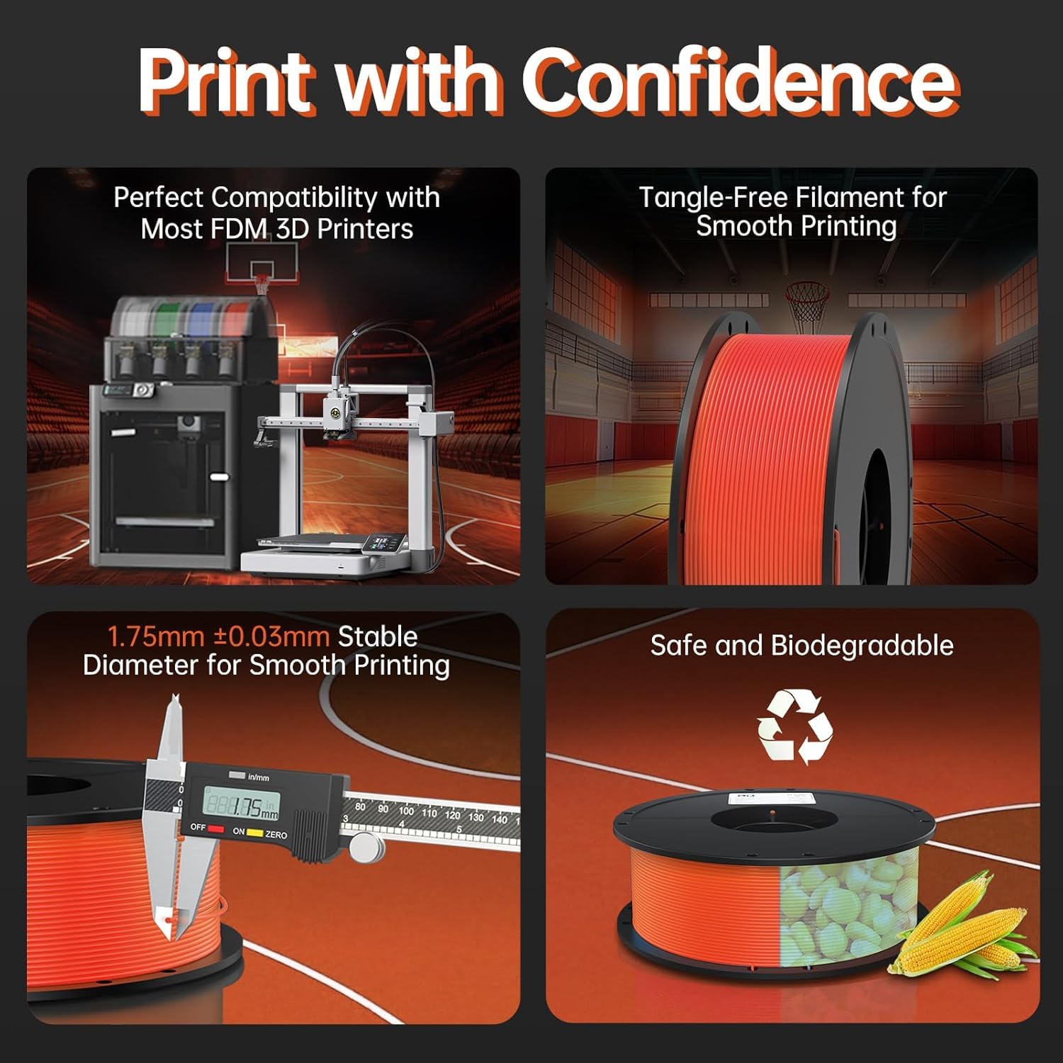BIQU Filamento Flexible para Impresora 3D PLA-HR 1,75mm 1kg (2,2lbs) Orange