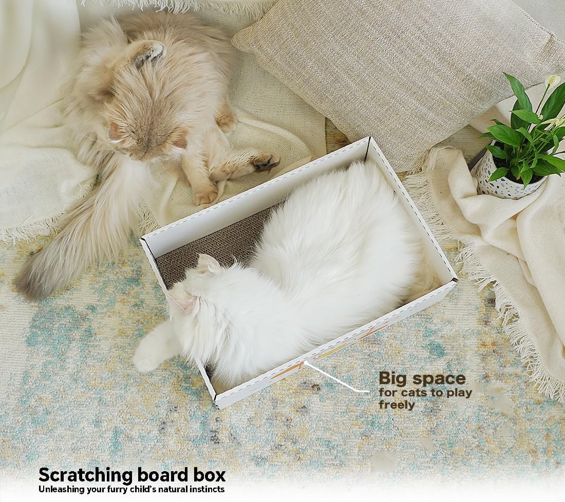 Cat Scratch Box with Double Sided Cat Scratching Board and Scratch pad for Cats - Corrugated Lounge Cat Cardboard Box for Indoor Cats to Scratch, Play, and Lounge