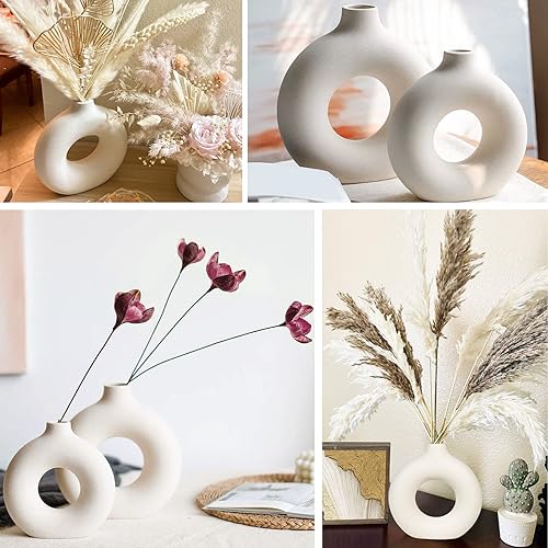 Miniatura 7 de White Ceramic Vase - Modern Vase for Minimalist Decor, Hollow Round Matte Pampas Flower Vases for Boho Home Wedding Party Room Dinner Table Shelf