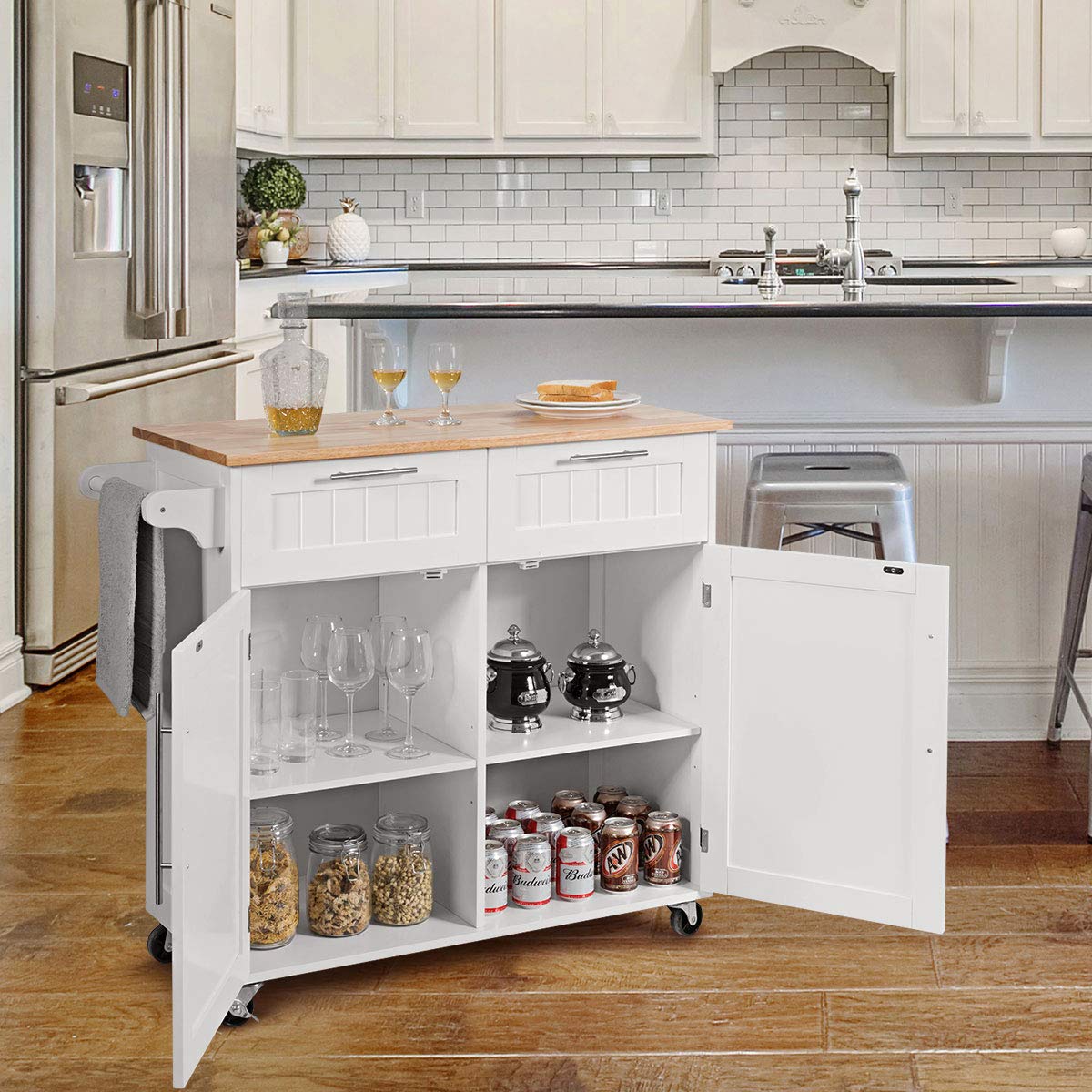 KOMFOTTEU Carrello da cucina con piano di lavoro, isola da cucina con ruote, carrello da portata con 2 cassetti e porte, carrello grande in legno, carrello da cucina, 94 x 45,5 x 94,5 cm (bianco)