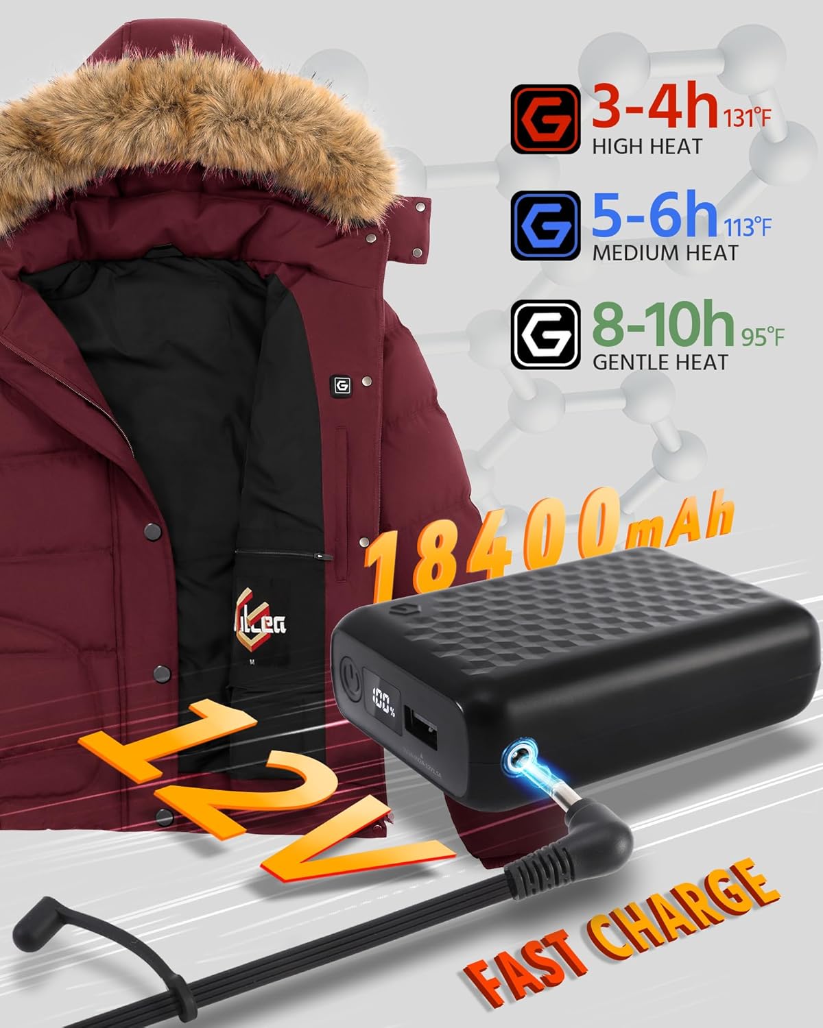 Wulcea Graphene Heated Jacket For Women 12V 18400mAh Fast Charge With Large Capacity - Image 3