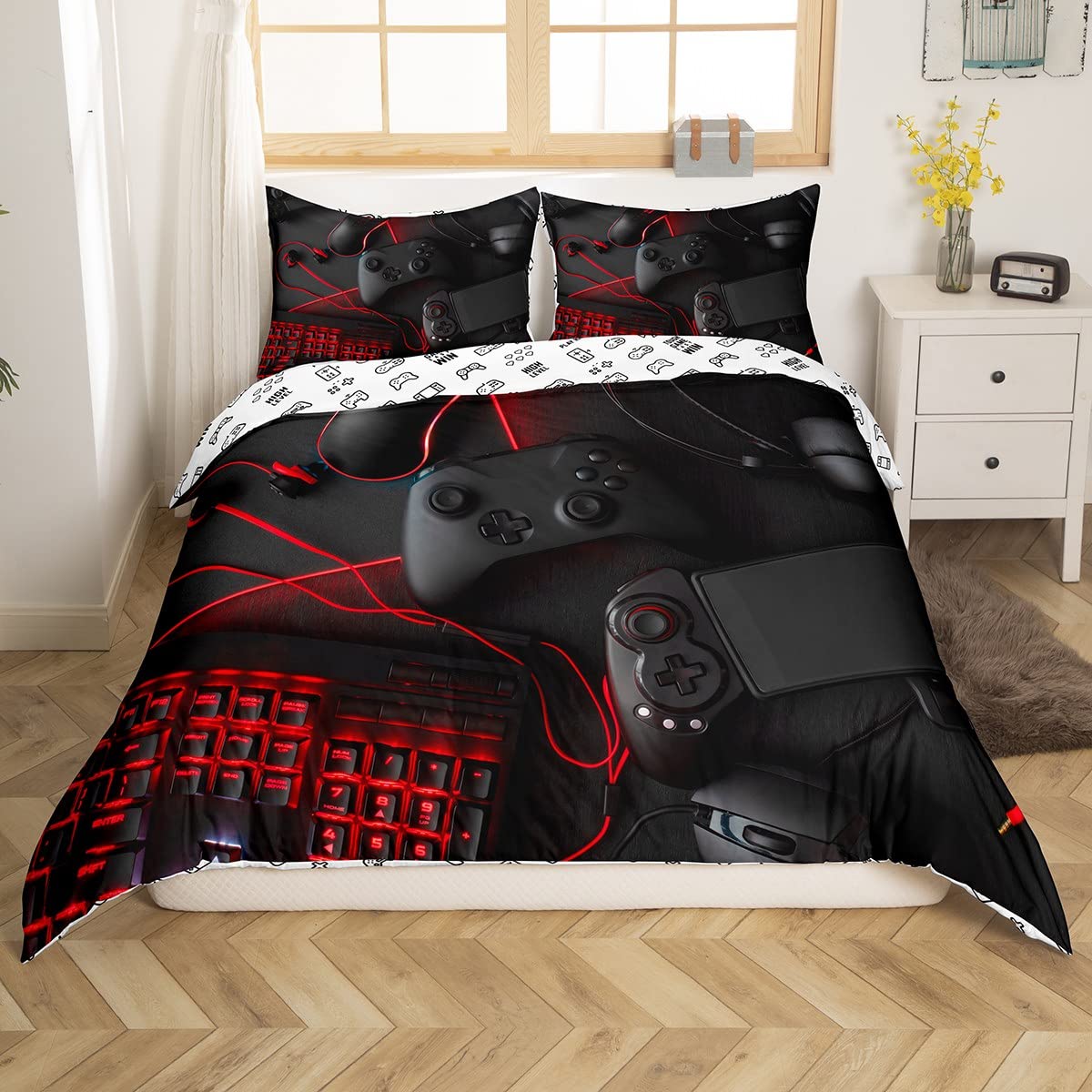 Erosebridal Game Comforter Cover Full Size Gamepad Bedding Set Video Games Modern Sci-Fi Style Duvet Cover for Teen Boys Kids Bedspread Cover with Zipper Ties,1 Duvet Cover with 2 Pillowcases