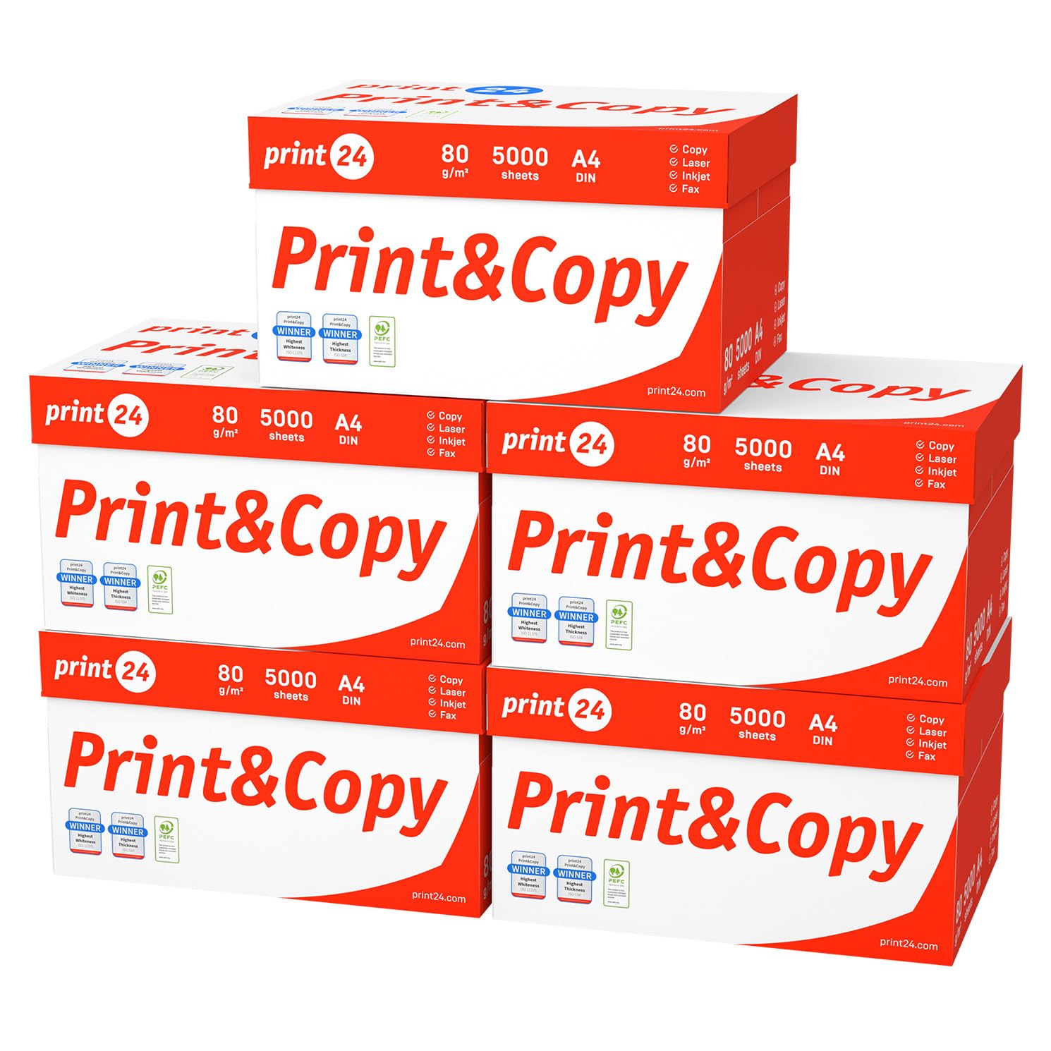 Carta per stampante e fotocopiatrice, 25.000 fogli, 50 x 500 mm, formato A4, 80 g, alta qualità, bianco brillante, certificata CIE 160 PEFC