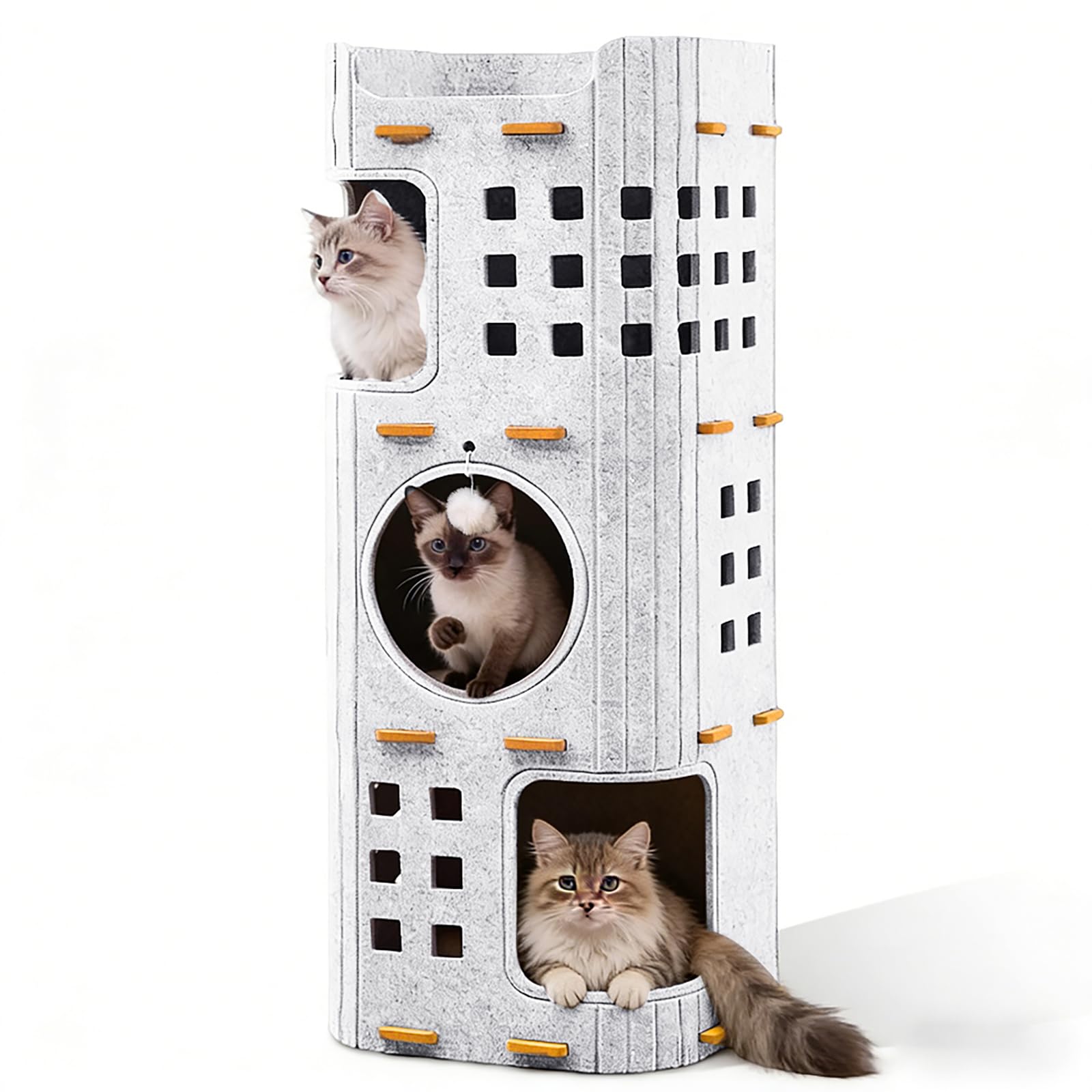 3-Tier Felt Cat Cave, Foldable Cat House Indoor with Play Ball, Porous Cat Cave, Removable Cat House for Sleeping, Playing Hiding, 90 x 37 x 37 cm