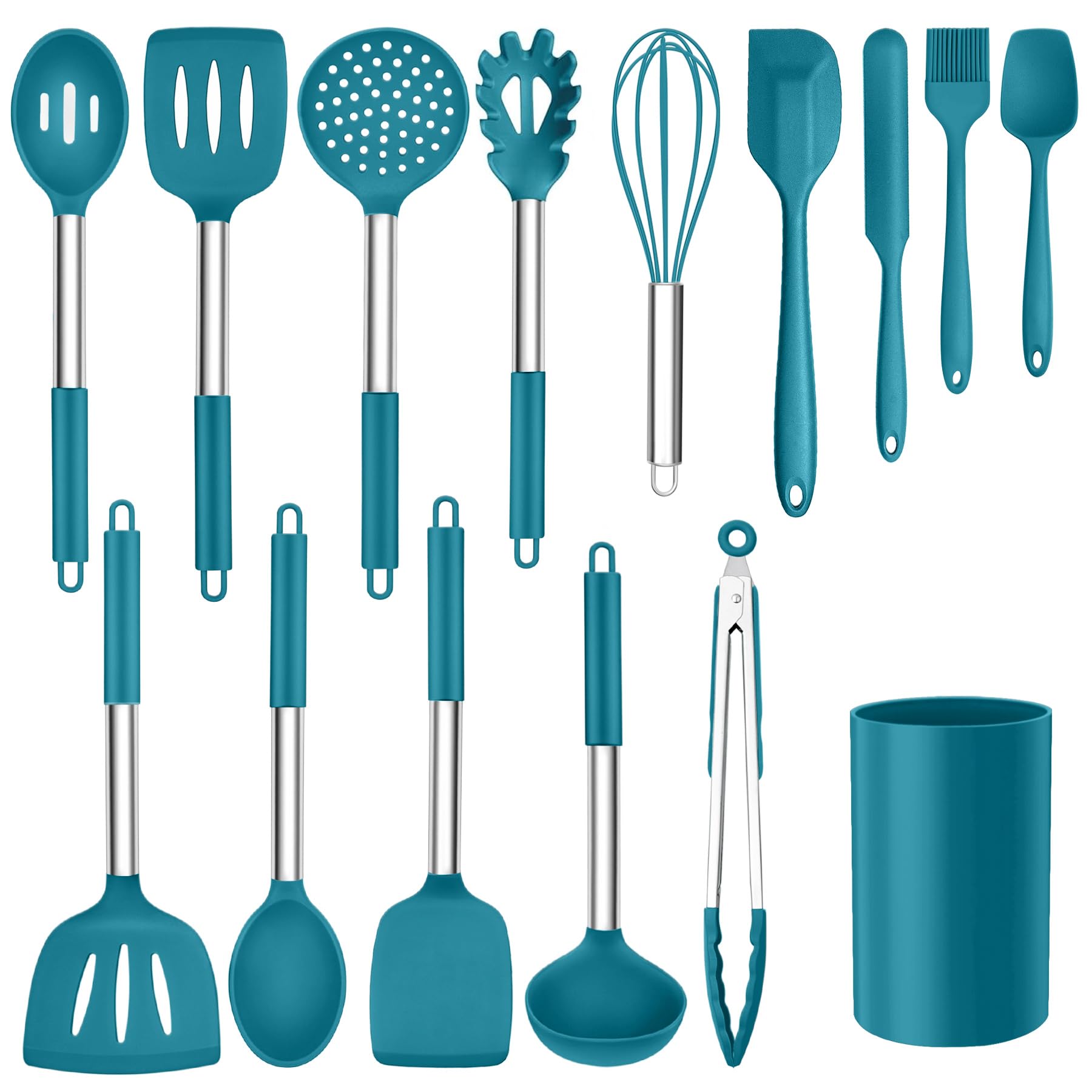 15pcs Kitchen Cooking Utensils Set with Holder, Onader Heat Resistant Silicone Kitchen Utensils Spatula Set with Stainless Steel Handle - Blue