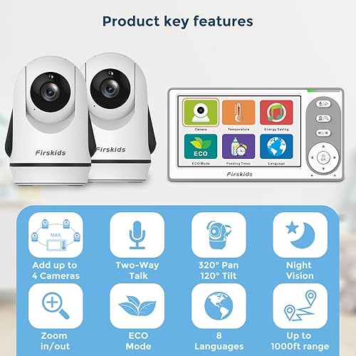 Miniatura 2 de Firskids Monitor de bebé con 2 cámaras, 4.3" IPS Split-Screen Video Baby Monitor con cámara y audio, 2 cámaras Pan-Tilt-Zoom No requiere WiFi,