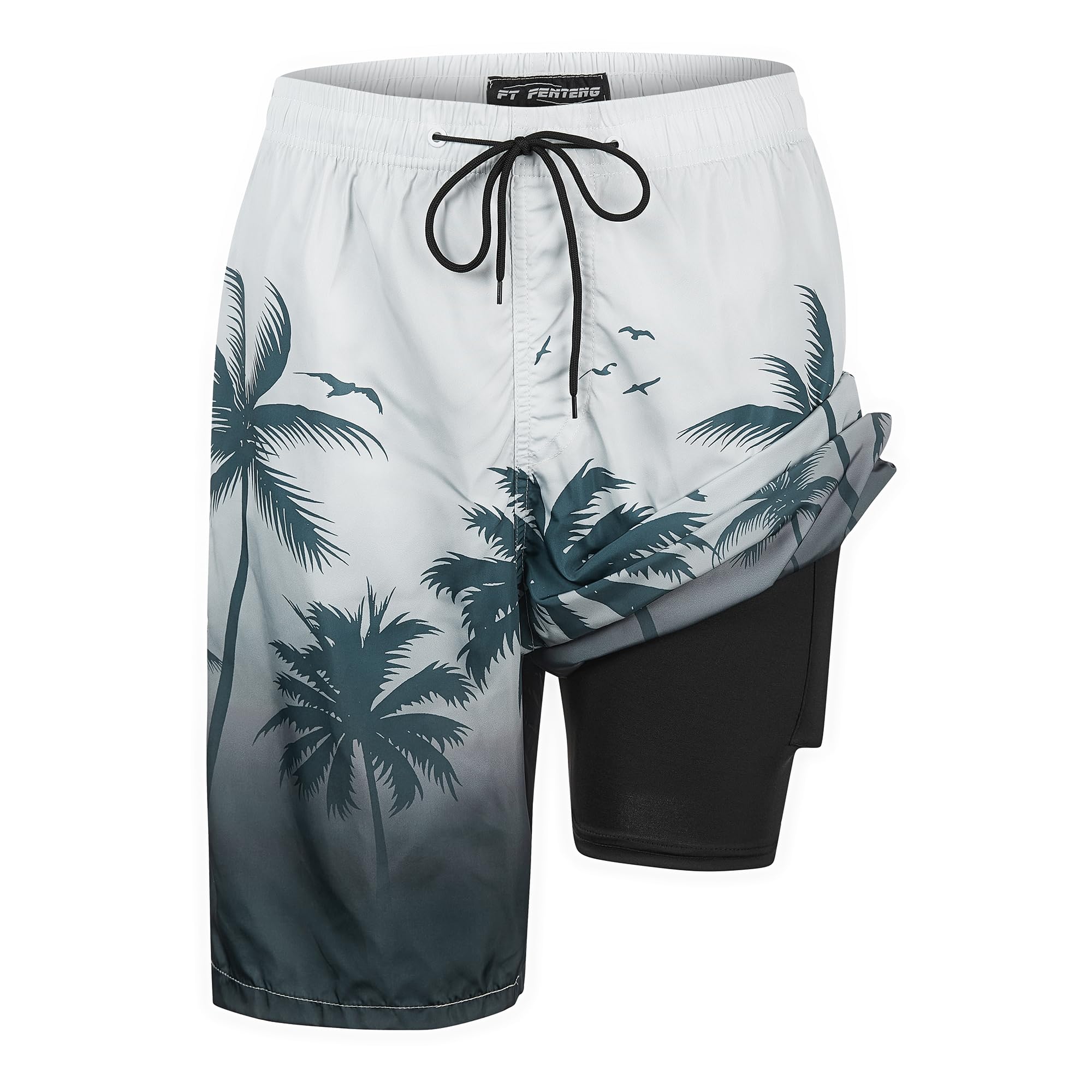 Mens Swim Trunks with Compression Liner 9" Board Shorts with Zipper Pockets