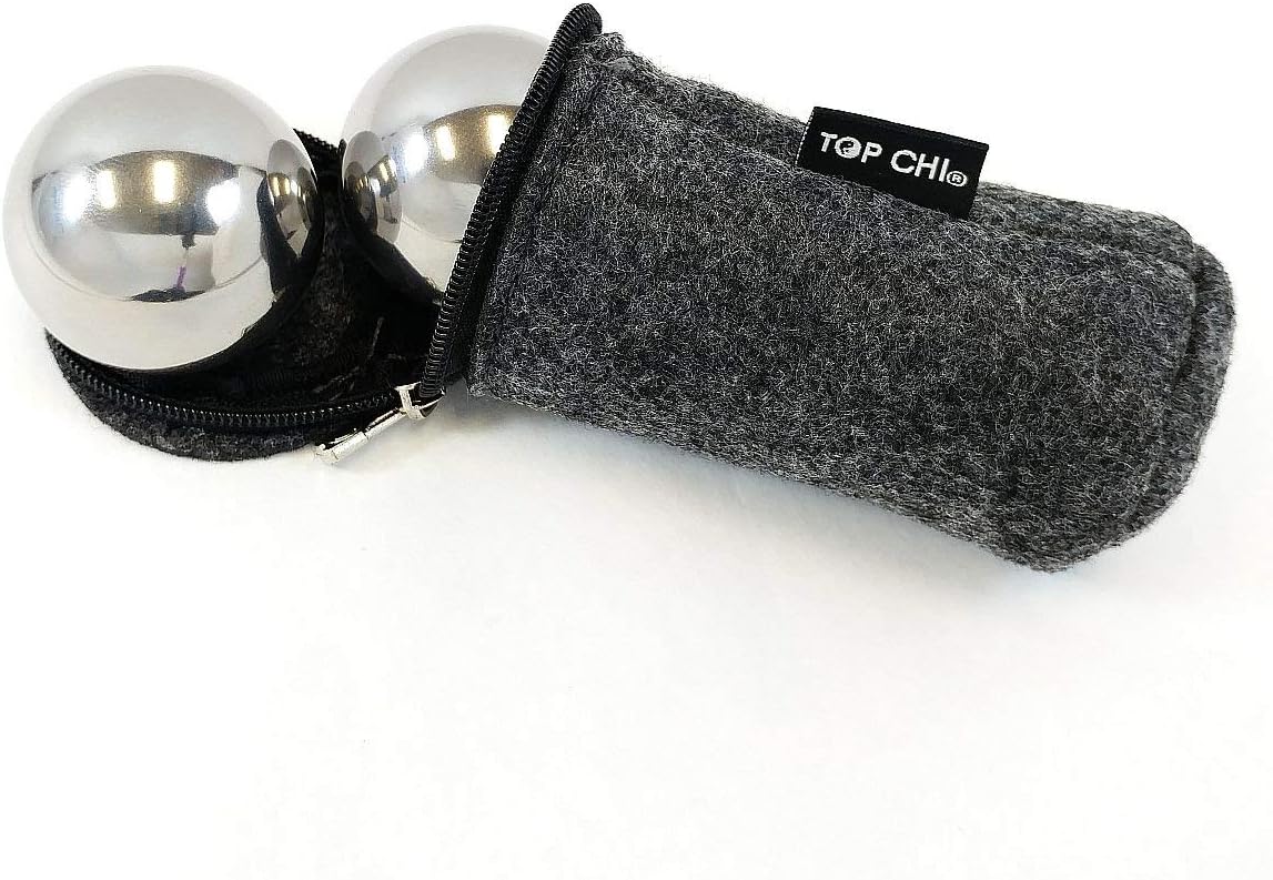Top Chi 1 lb. 1.5 Inch Solid Stainless Steel Baoding Balls with Carry Pouch. Non-Chiming Chinese Health Balls for Hand Therapy, Exercise, and Stress Relief