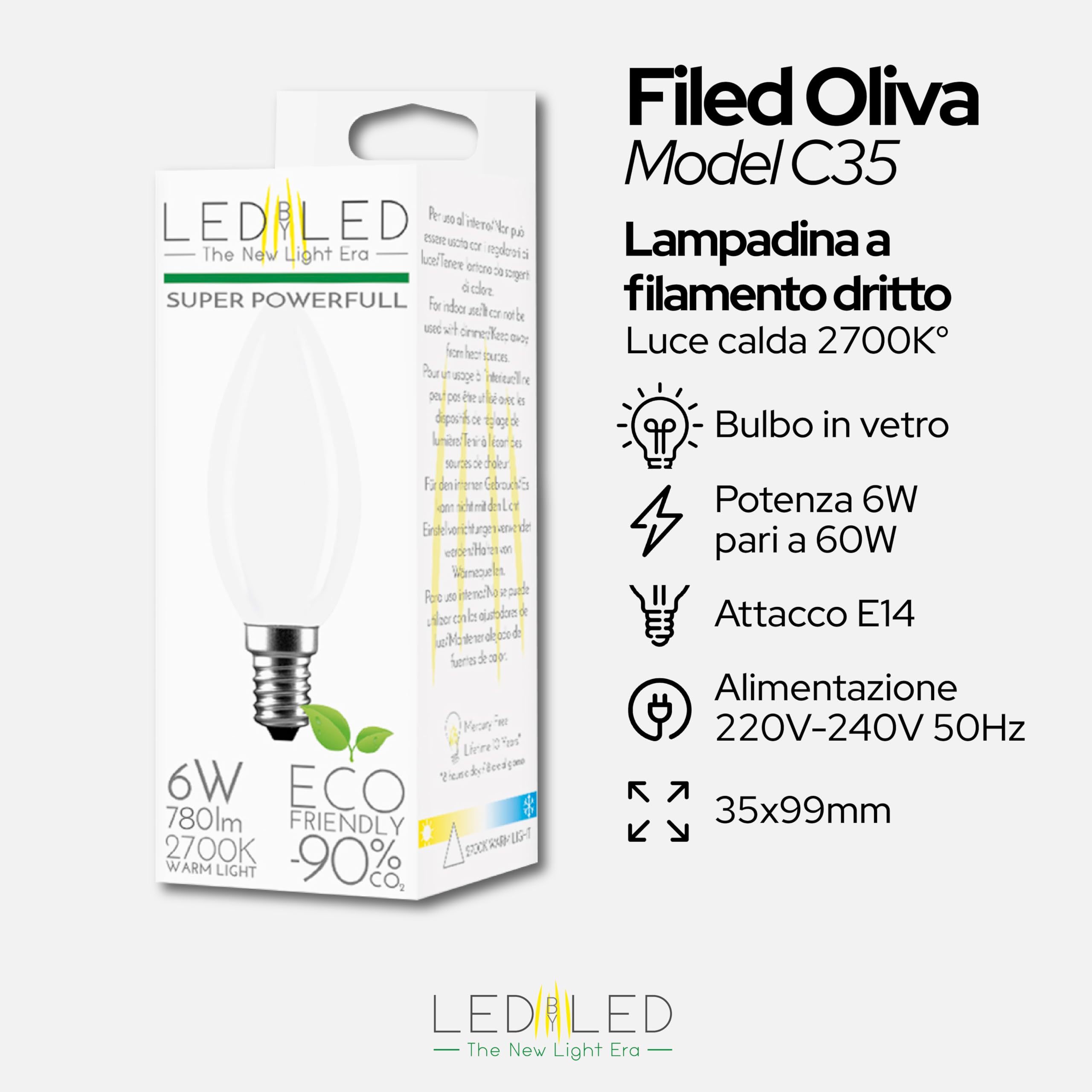 Lampadina Oliva 6W Pari a 60W, E14, Vetro Milky, 2700K Luce Naturale, filamento LED dritto, 780 Lumen, Pack 10 Pezzi