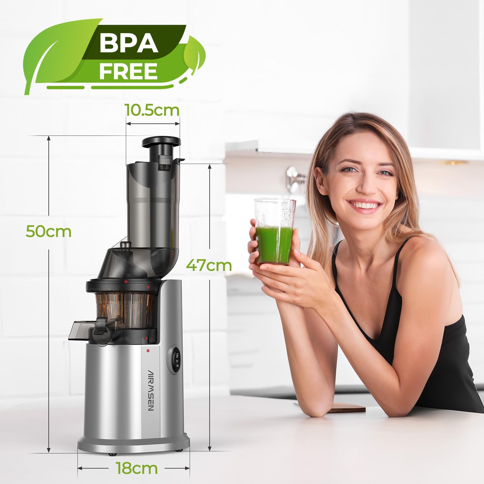 AIRMSEN Extractor de Zumos y Verduras, 82MM Apertura Extractor de Jugo para Verduras y Frutas Enteras, Licuadora Prensado en Frío Slow Juicer Sin BPA, Fácil de Instalar, 150W (Plata)