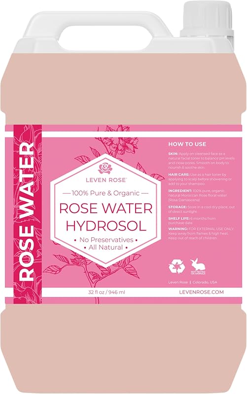 Água de rosas hidrolato Leven Rose para rosto e cabelos, refil com 946 mL