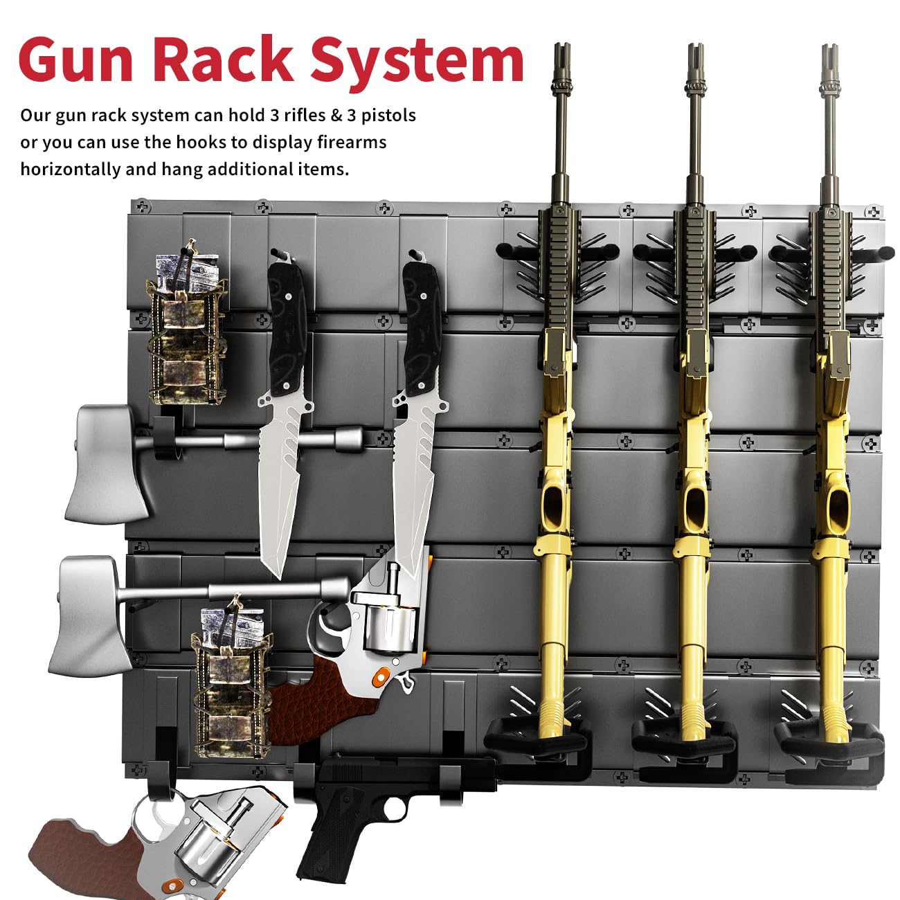GOHIKING Gun Rack,Upgraded Heavy Duty Gun Rack for Wall, Adjustable Gun Rack Wall Mount Indoor Wall Rack System Hanging Rifles, Pistols, Tactical Rifle Carbine, Shotgun Gun Accessories Organizer