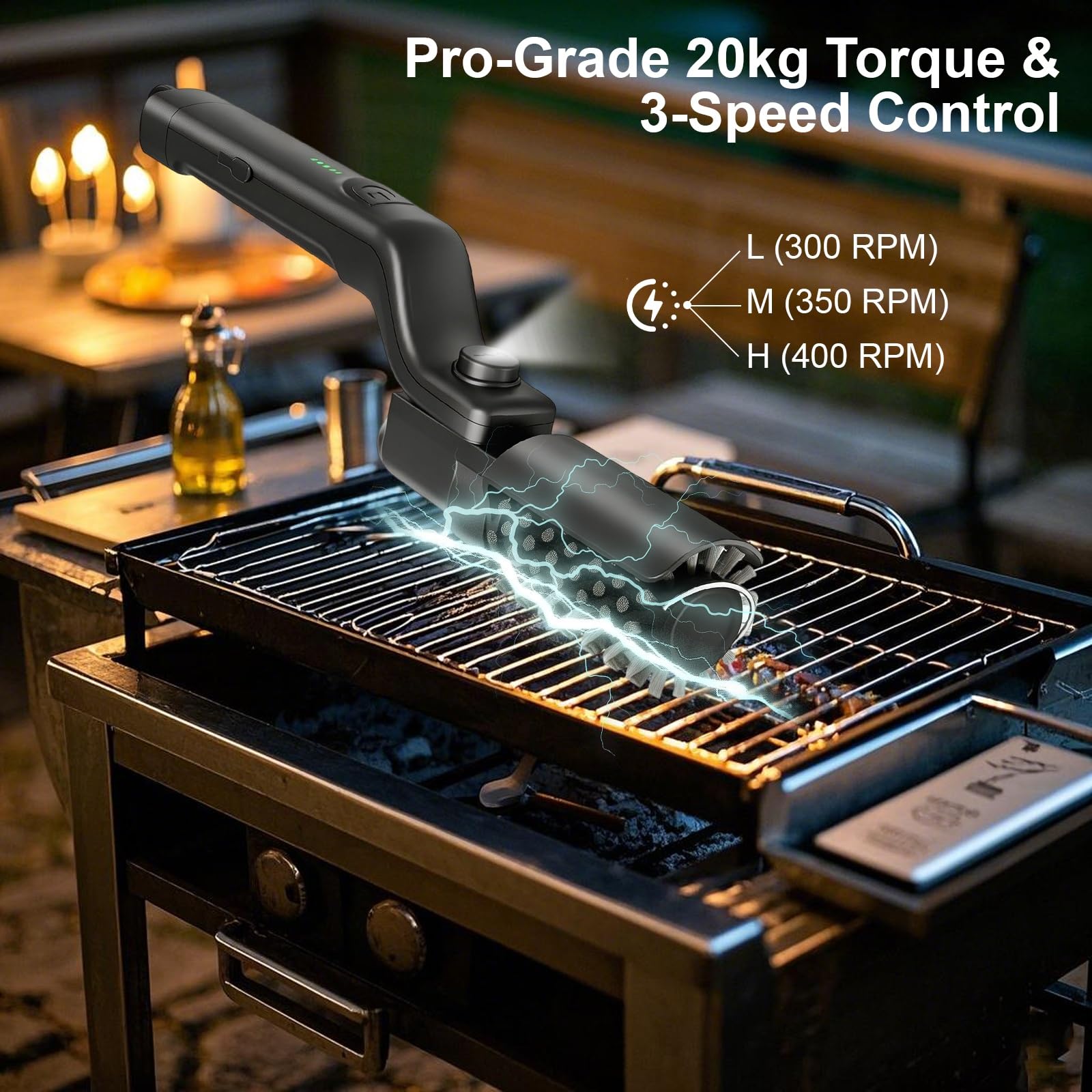 Cepillo Eléctrico para Barbacoa Inalámbrico, Limpiador de Parrilla con Cabezal de Acero Inoxidable 180° Ajustable, 3 Velocidades, Impermeable IPX7 para Barbacoas de Carbón, Gas y Eléctricas