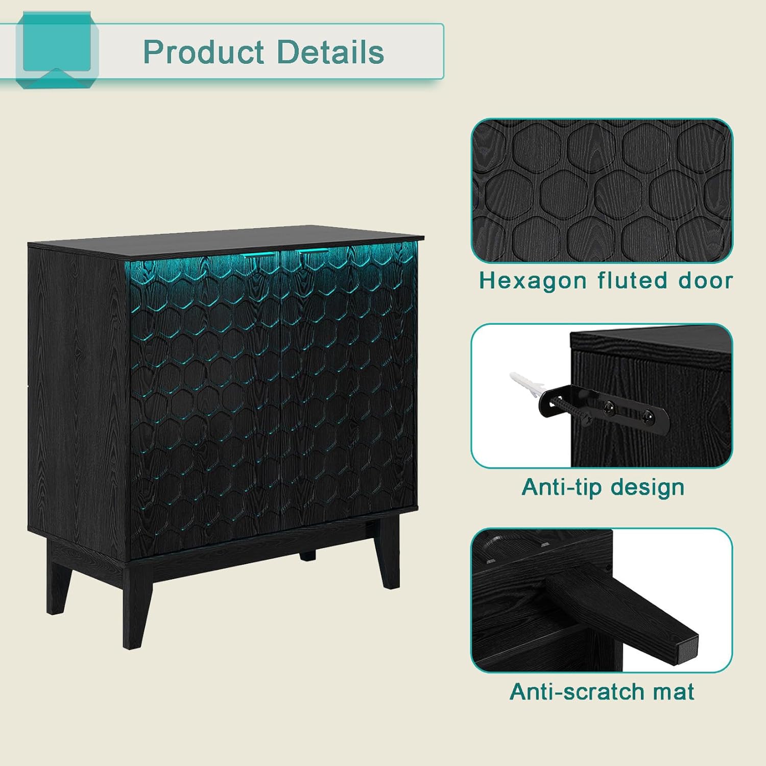 31.5” Sideboard Buffet Credenza Storage Cabinet, Small Black Accent Console Cabinet with Doors and Led Lights for Living Room, Kitchen