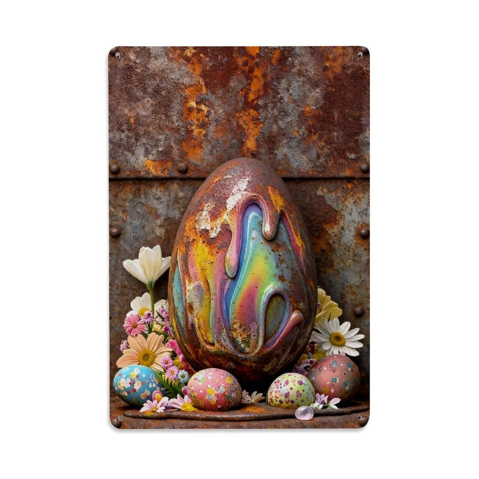 Jdfenggu Vintage Rusty Egg With Rainbow Drips Retro Metal Tin Sign, Metal Poster For Bar, Home, Man Cave, Kitchen, Laundry Room Art Decor 8X12 Inch