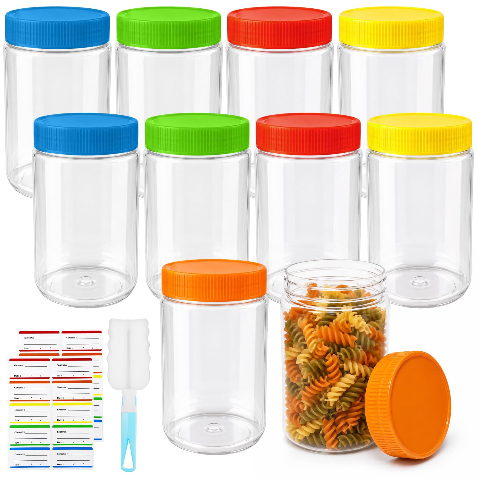 DONQL 10Pcs 500ml Plastic Jars with Lids with Labels & Sponge Bottle Brush