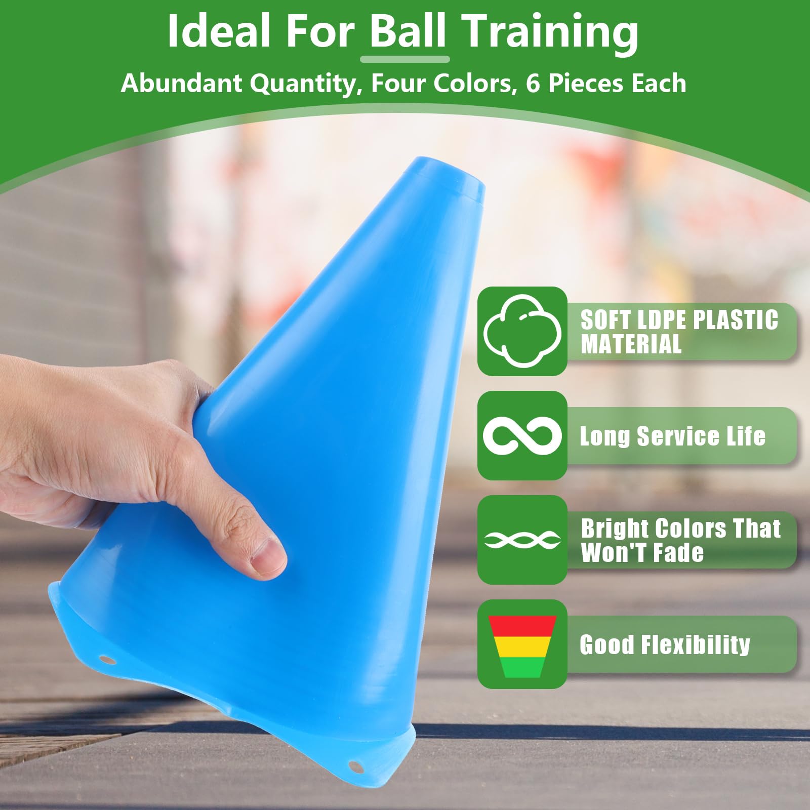 AKOLAFE 24 Pcs Pylons with 4 Colors Hats, Football Training with Carry Bag, Training Cone Aid, Marker Cones for Indoor Outdoor Sports, Games, Dog Training