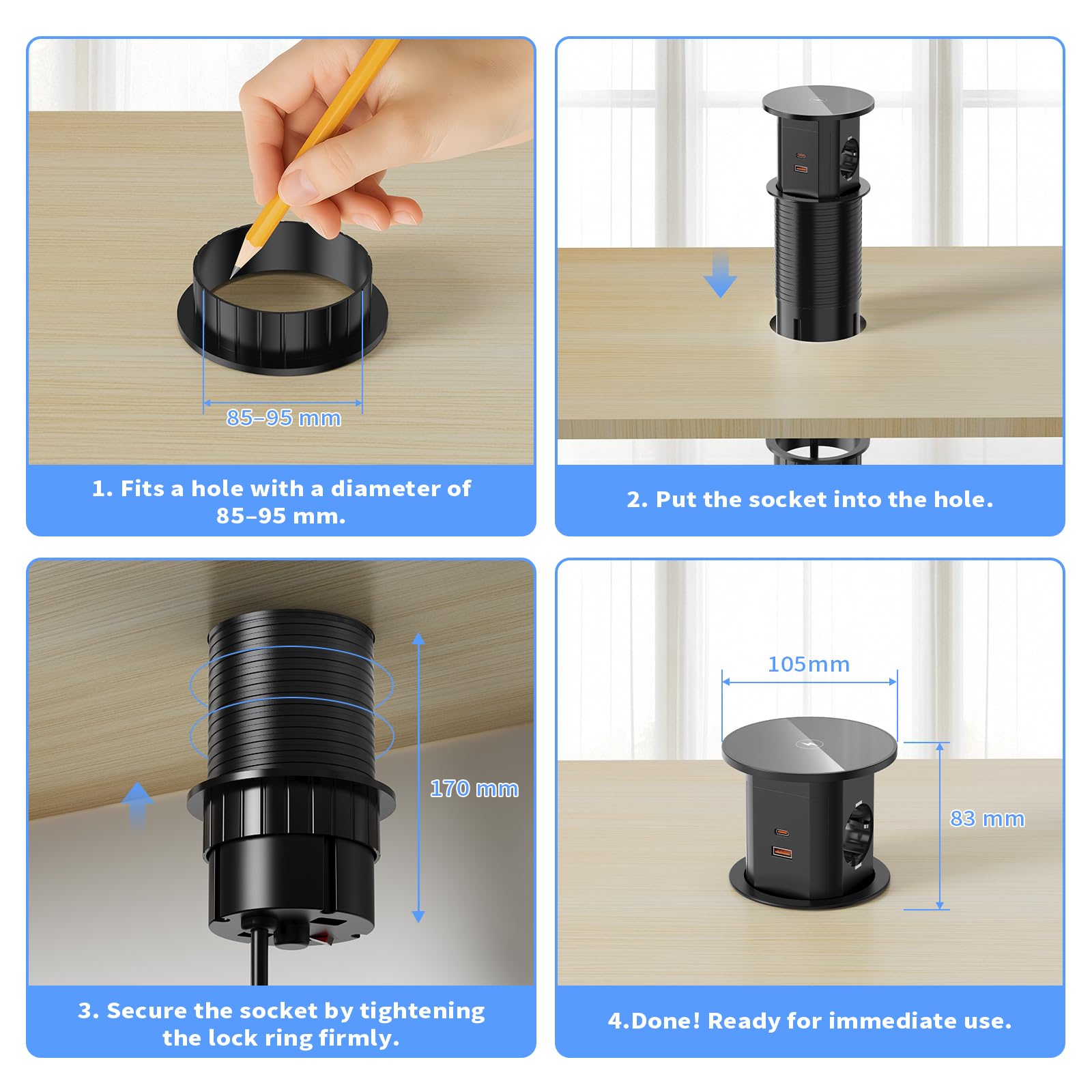 Versenkbare Steckdose mit 15W kabellosem Laden, USB-C PD 20W, Ø85 mm | 2 Schuko, 2 USB-C, 2 USB-A je 18W, Überlastschalter, 1,9 m Kabel, für Schreibtisch, Küche und Arbeitsplatte