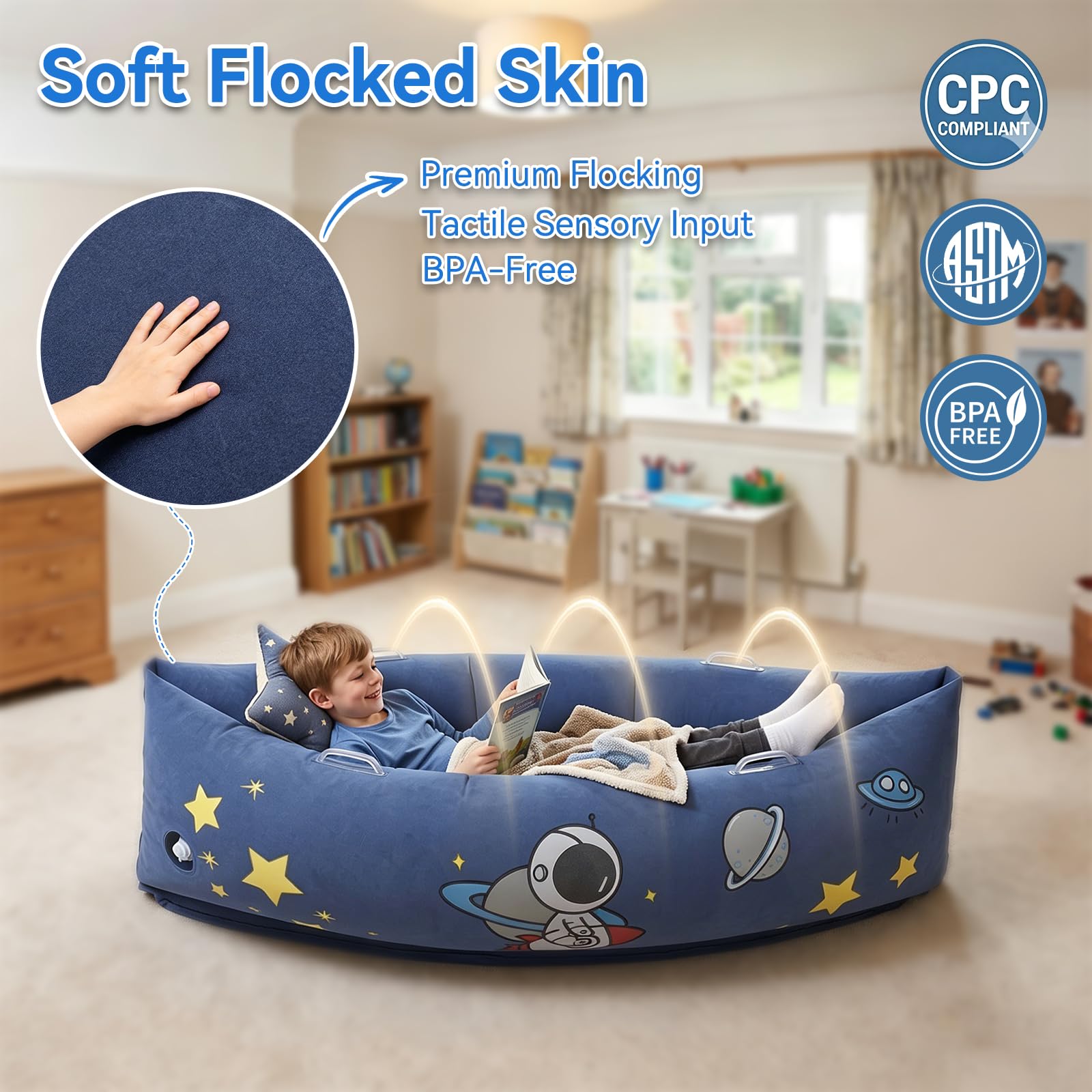 LOAOL Sedia sensoriale Peapod per autismo ADHD bambini: canoa sensoriale gonfiabile da 150 cm con motivo spaziale che si illumina al buio – Seduta calmante a pressione profonda per bambini in cerca